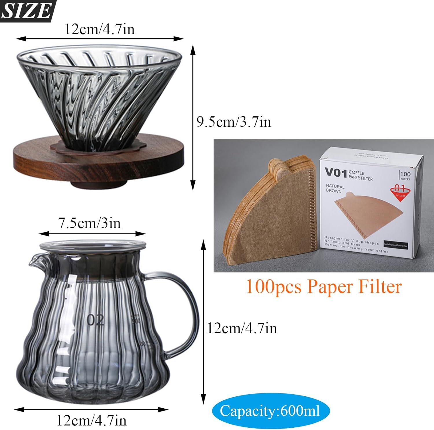 Qiccijoo Pour over Coffee Maker Set,Drip Coffee Maker with 100 Pcs V01 Paper Filter,20 Oz Borosilicate Glass Carafe,Portable Coffee Dripper Brewer for Home Cafe Restaurant Camping, 600Ml image number 2