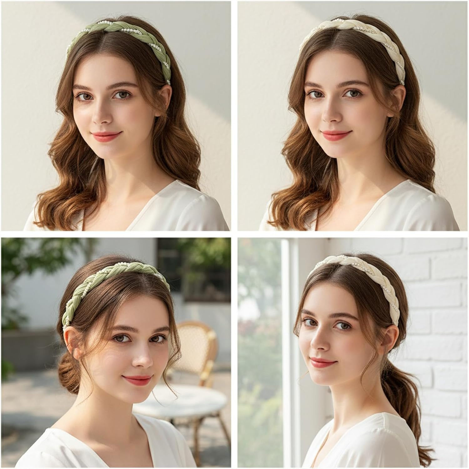 Pack of 2 Women'S Headbands, Braided Pearl Headbands, Headbands, Hair Band for Girls, Women, Headband Dirndl, Costume Headband for Everyday Wedding Garden Party (Green + White) image number 4
