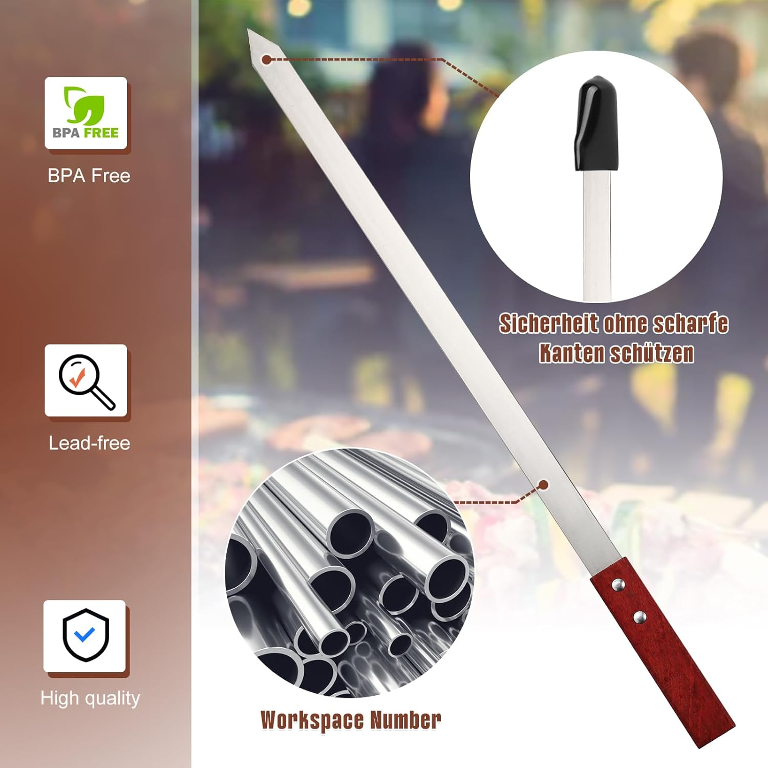 10 Pcs Heavy Duty Kabob Skewers 1 Inch Wide 2 Mm Thin Kabob BBQ Stainless Steel Metal Skewers for Grilling with Wooden Handles, Silver(60Cm Long) image number 5