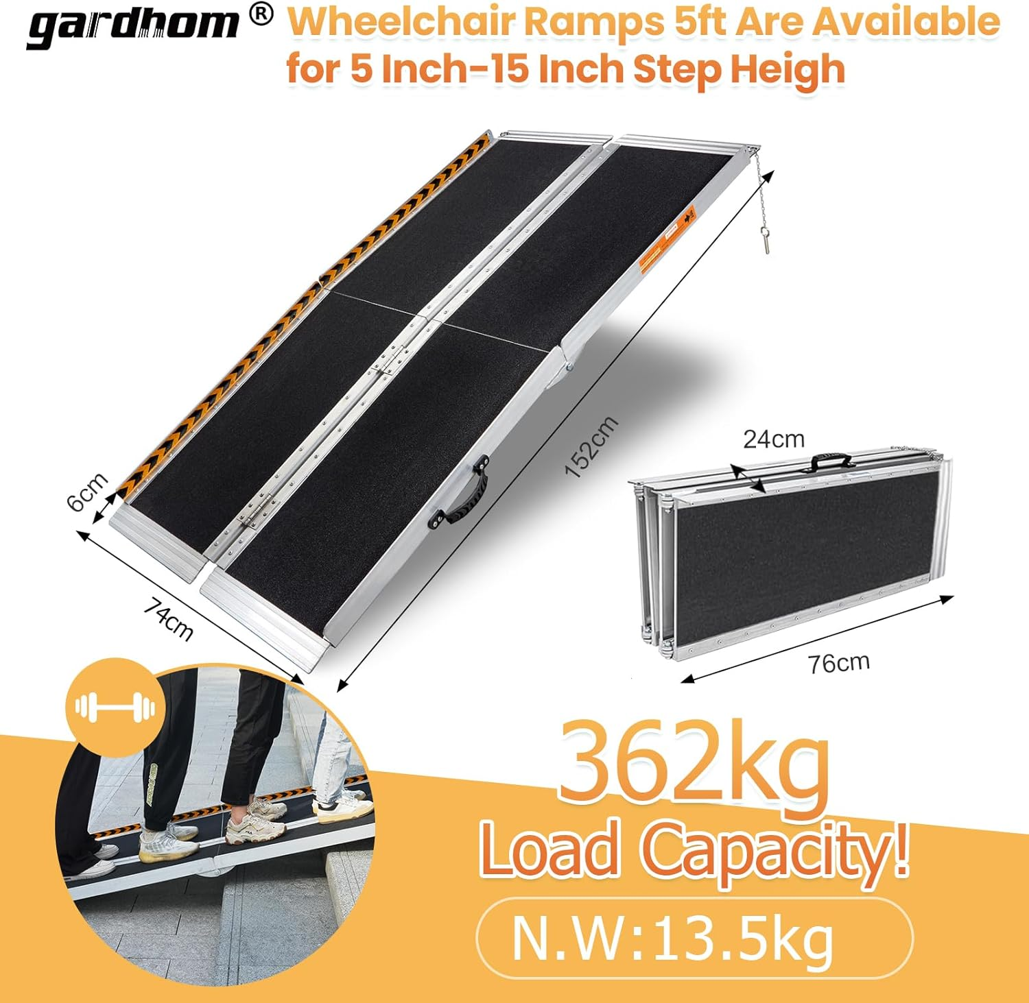 Gardhom Ramps for Wheelchairs for Home 5FT，152.5 * 74Cm Portable Handicap Ramps image number 6
