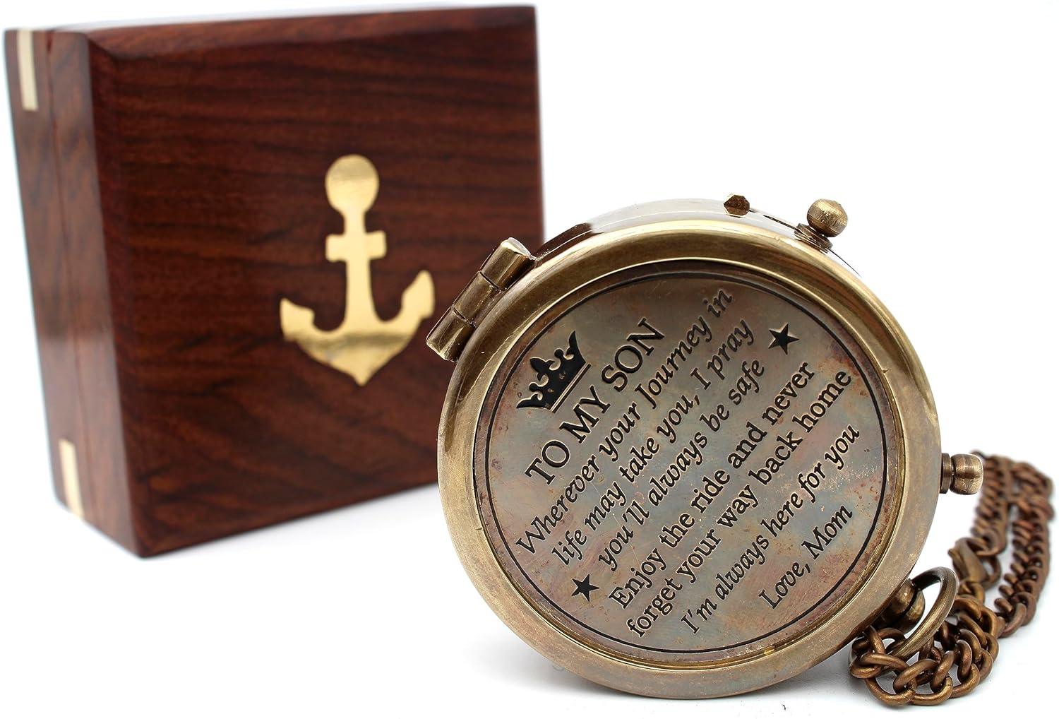 US HANDICRAFTS Brass Compass with Wooden Case Mom to Son Compass &ndash; to My Son Love Mom &ndash; Engraved Compass Mother to Son Gifts Graduation Day Gifts for Son| Brown Antique Bronze image number 1