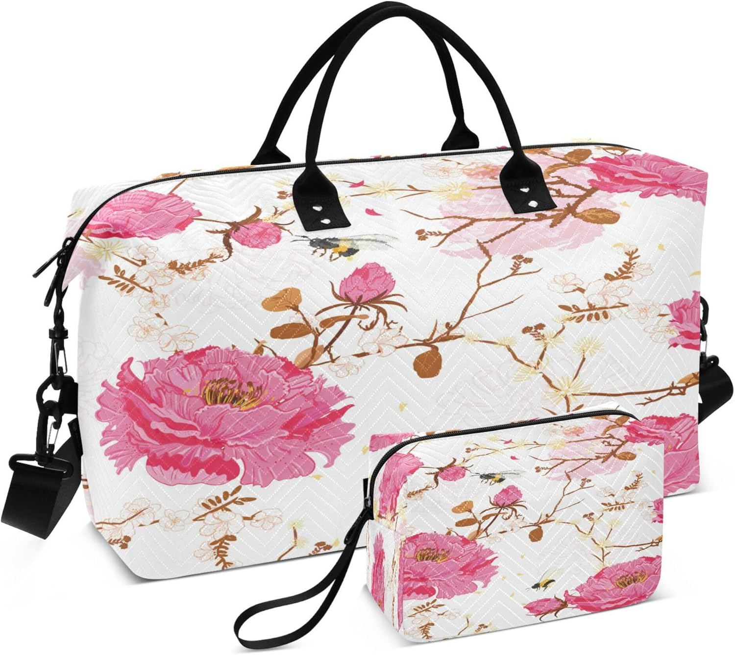Luggage Travel Bag Gym Bag Weekender Overnight Bag with Adjustable Strap for Workout Waterproof Oriental Soft Gentle Bloom Flower Bee Happy Good Luck, Multi, 1 Size, Modern/Fitted, Multi, 1 Size,