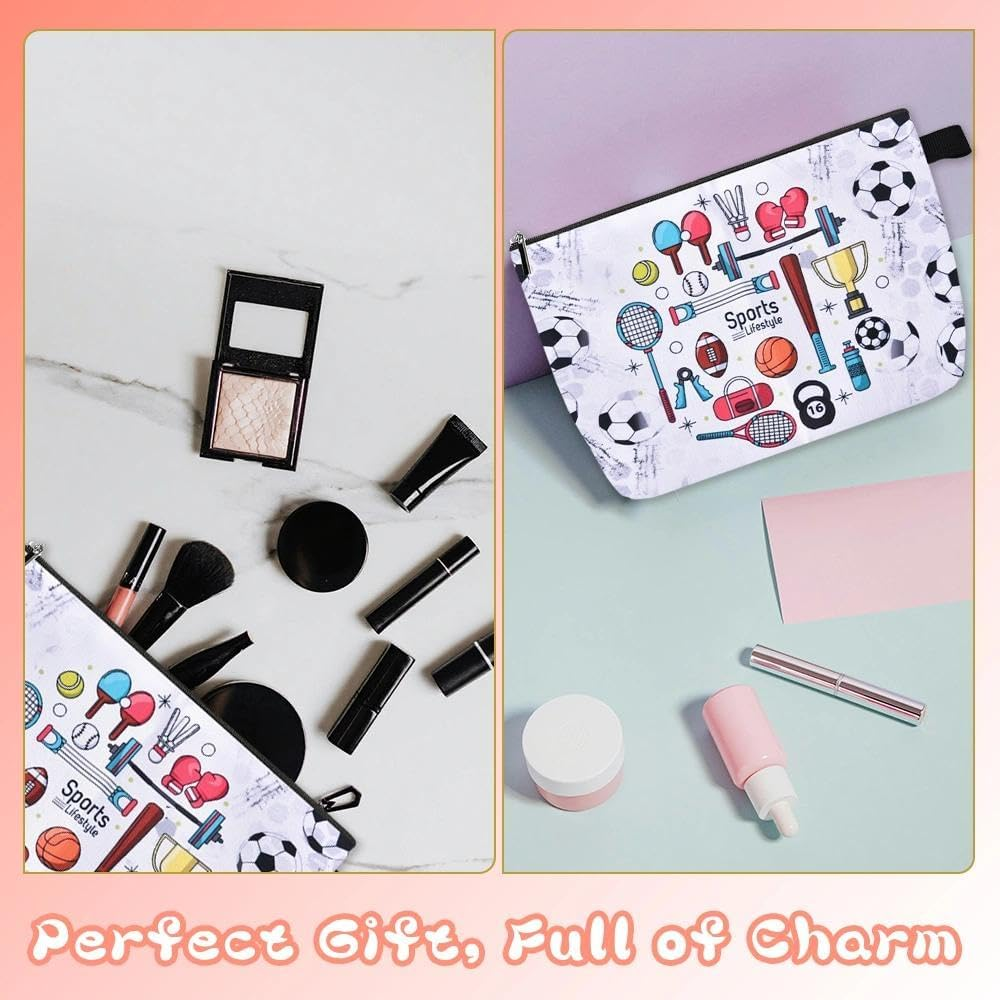 Sports Makeup Bag Multi-Sport Design Canvas Cosmetic Pouch for Sports Lover Soccer Fan Portable Fitness Toiletry Organizer for Women Men Athlete Travel Gym Party Favor Gift​ image number 1
