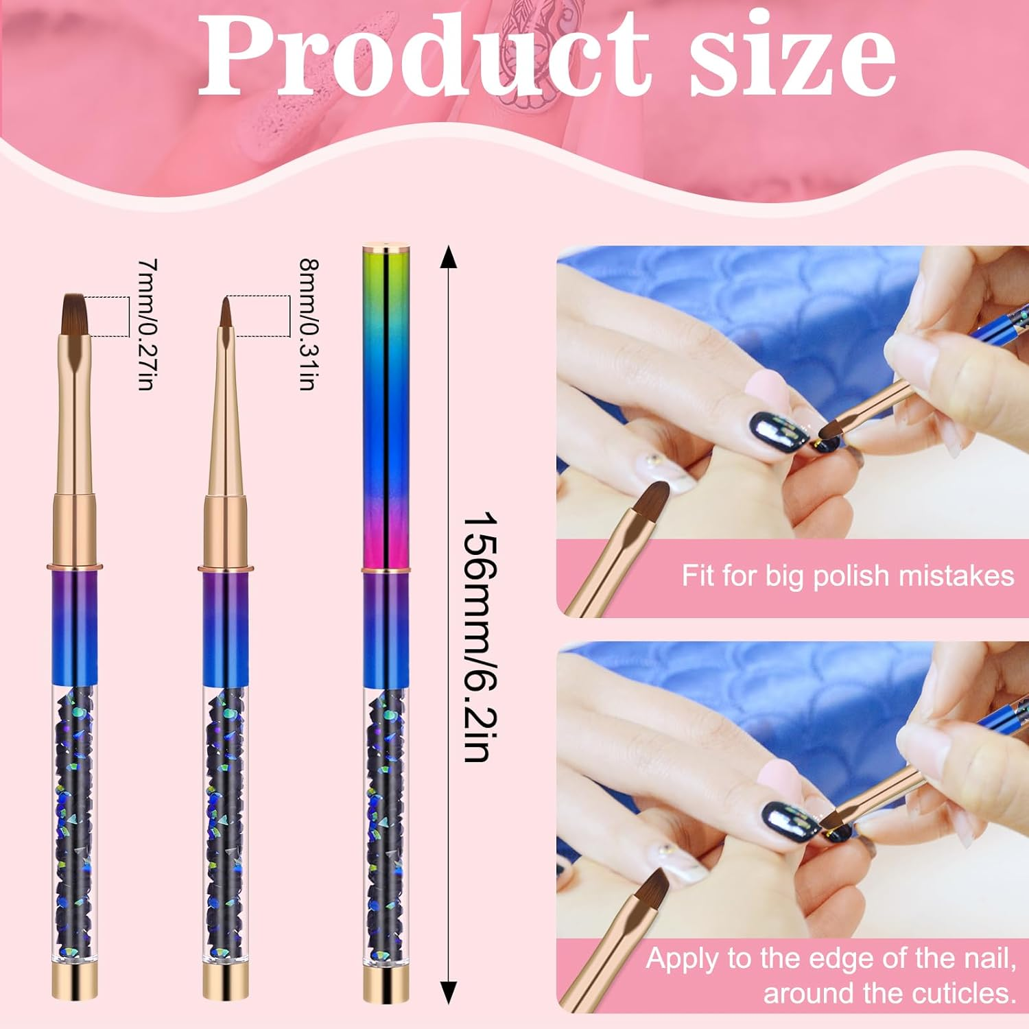 2Pcs Nail Art Clean up Brushes, Painting Brushes for Nails with round & Angled Head Acrylic Nail Brush Pen Painting Tools for Women Nail Art Design & Polish Mistake Cleaning(Style 2) - Blue image number 6