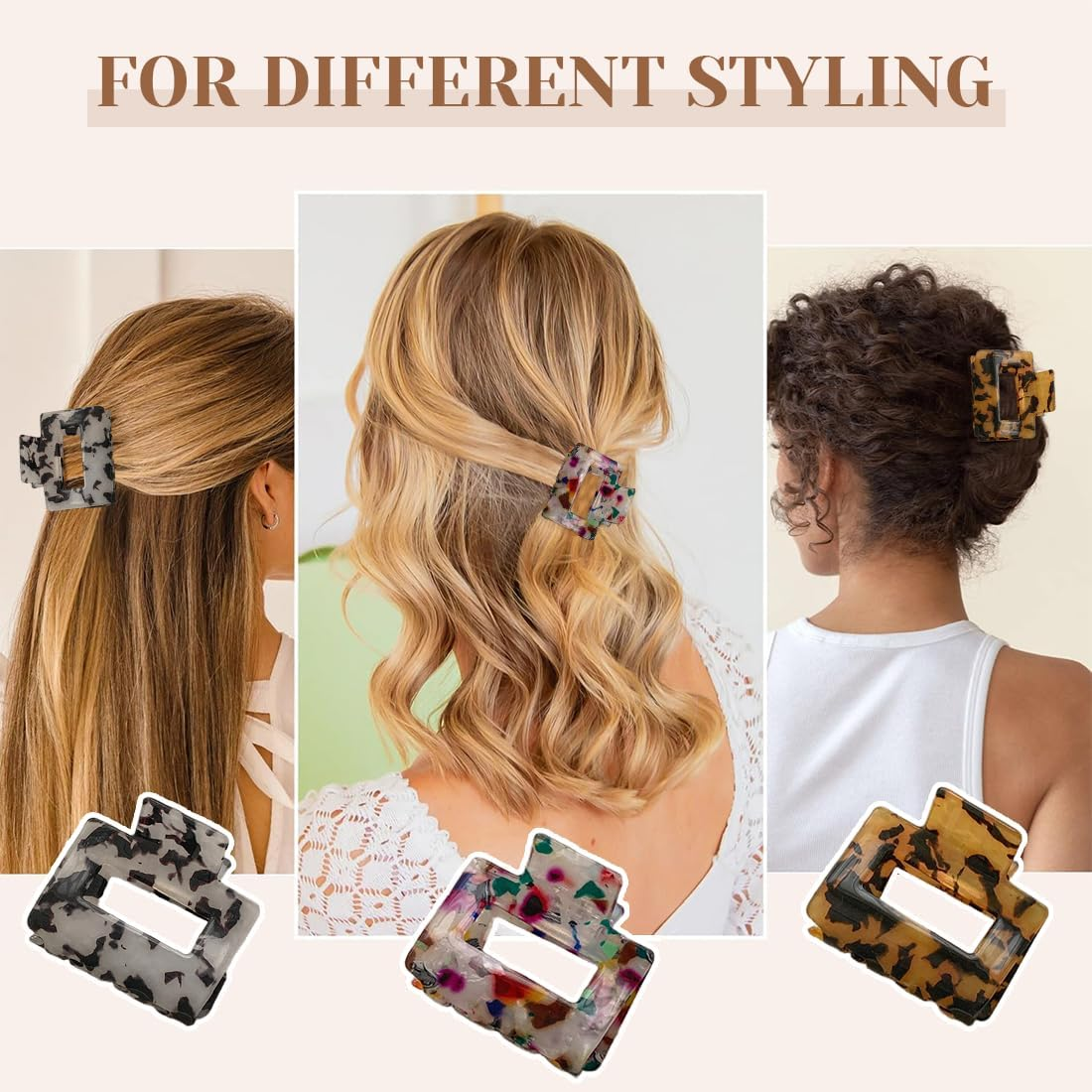 KIRZAX Pack of 3 Acetic Acid Hair Clips, Non-Slip Small Claw Clips, French Design, Strong Hold Hair Clips, Hair Accessories for Women and Girls image number 3