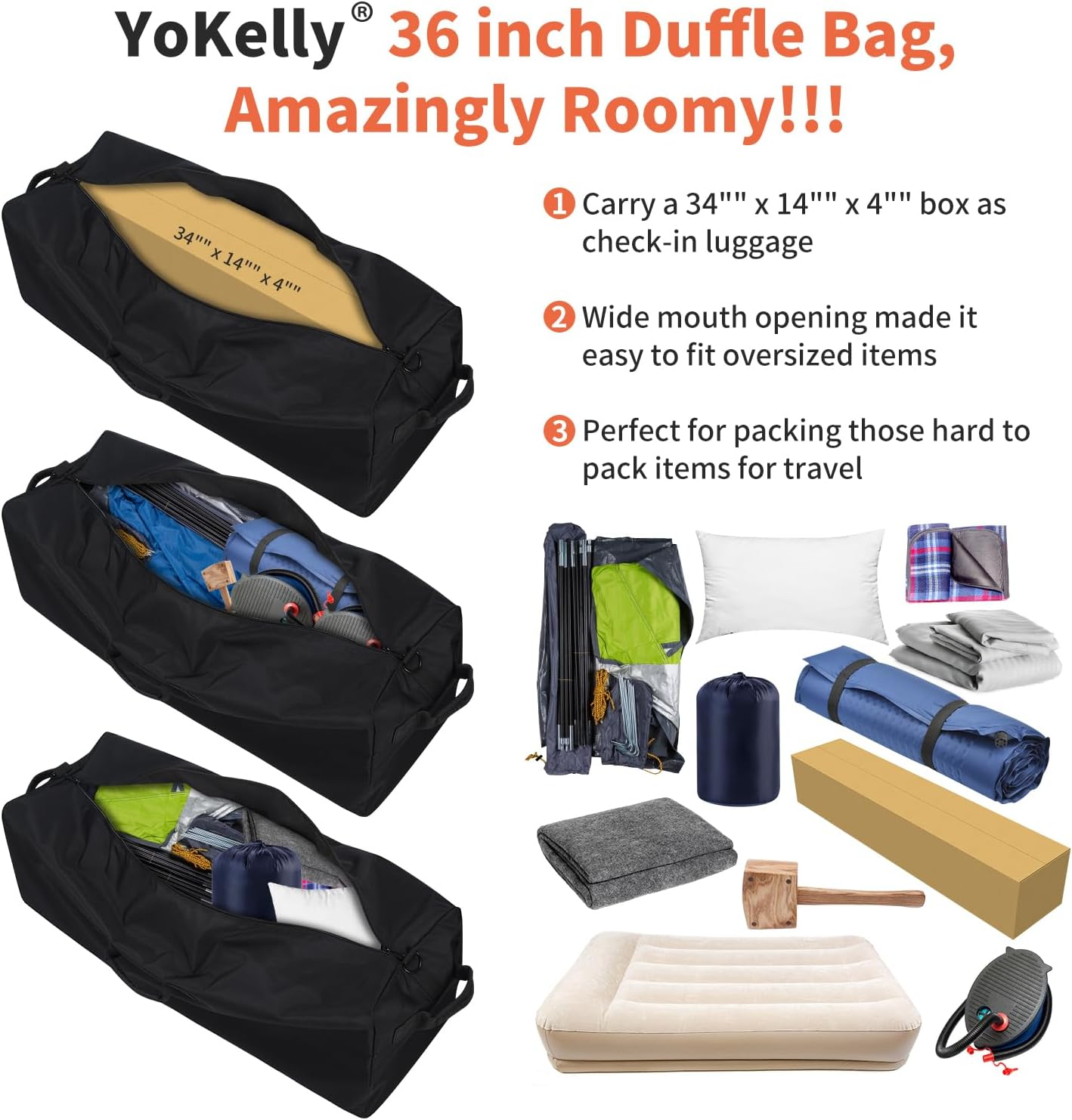 Yokelly 100L Large Duffle Bag - 36 Inch Heavy Duty Luggage Bag for Travel/Camping - Black, Black-Pro, 36&rdquo; X 13&rdquo; X 13&rdquo;, Large Duffel Bag image number 2