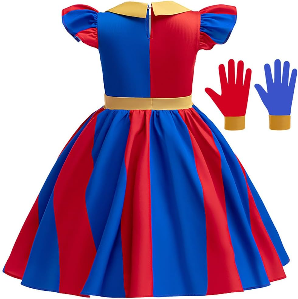 FYMNSI Kids Girls Halloween Costumes Circus Clown Cosplay Dress up Red Blue Striped Dress and Gloves Birthday Party Supplies image number 5