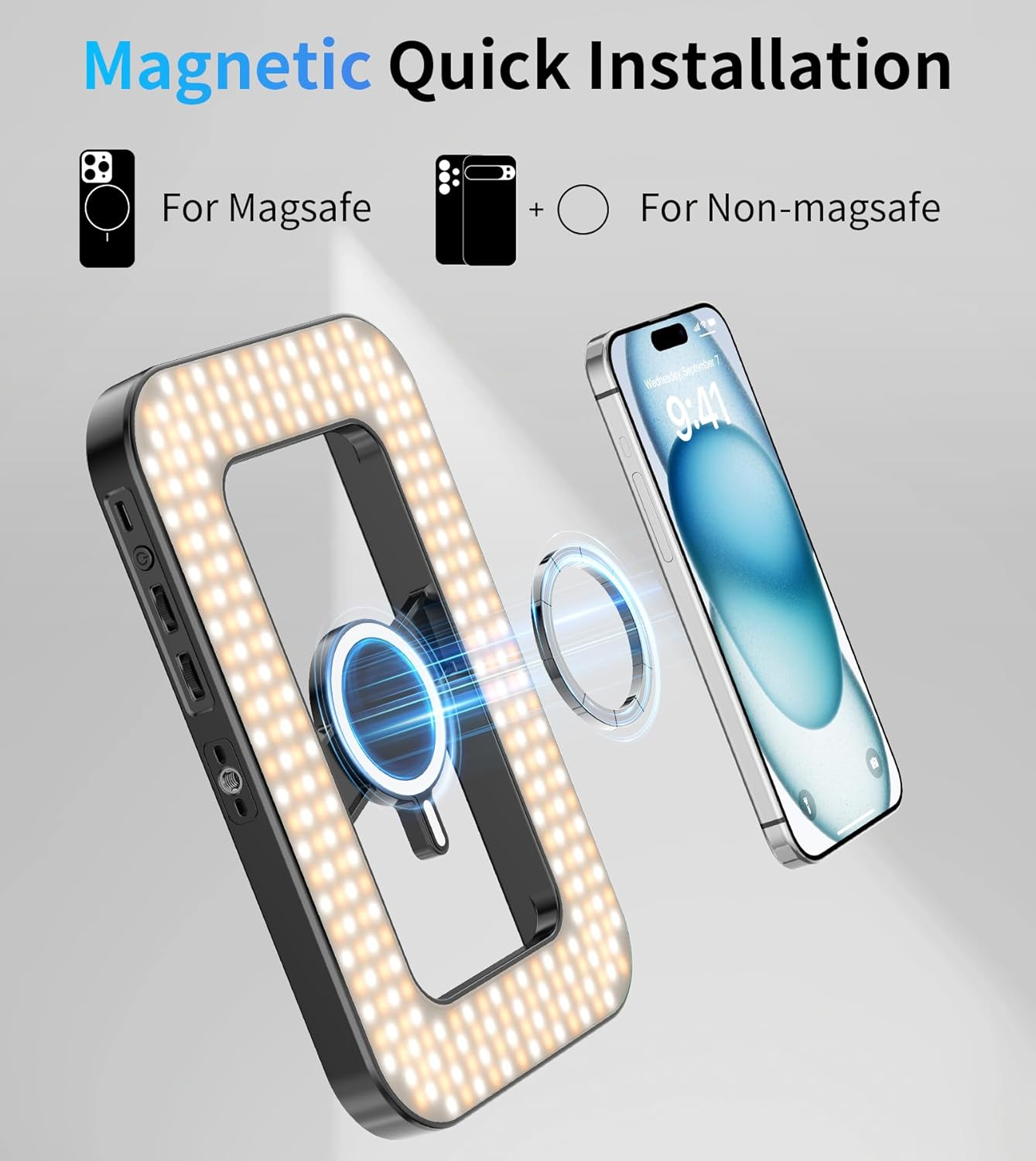 Double-Sided Magnetic Phone Ring Light with Mini Tripod Stand,448 LED 6000Mah Rechargeable RGB Selfie Light for Iphone,Handheld Stabilizer with Light for Magsafe/Phones/Video Recording/Makeup/Photos