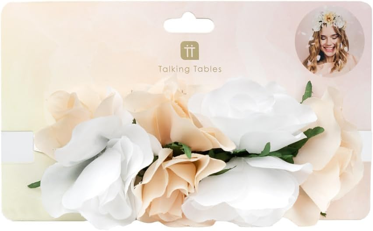 Reusable Pretty Bridal Floral Headband with Adjustable Ribbon -Faux Flower Crown Bohemian Boho Festival Dress up Headpiece Hair Accessory White & Pink. Perfect for Brides Bridesmaids and Hen Parties