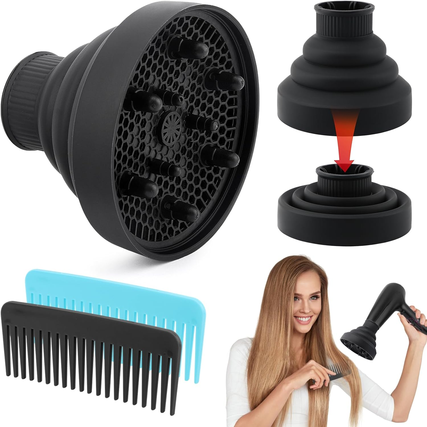 Universal Foldable Hair Dryer Diffuser, Travel Hair Dryer Diffuser Attachment with Comb, Portable Hairs Diffusers Blow Dryers Attachment for Natural Thick Hairs(Color:Black) image number 4