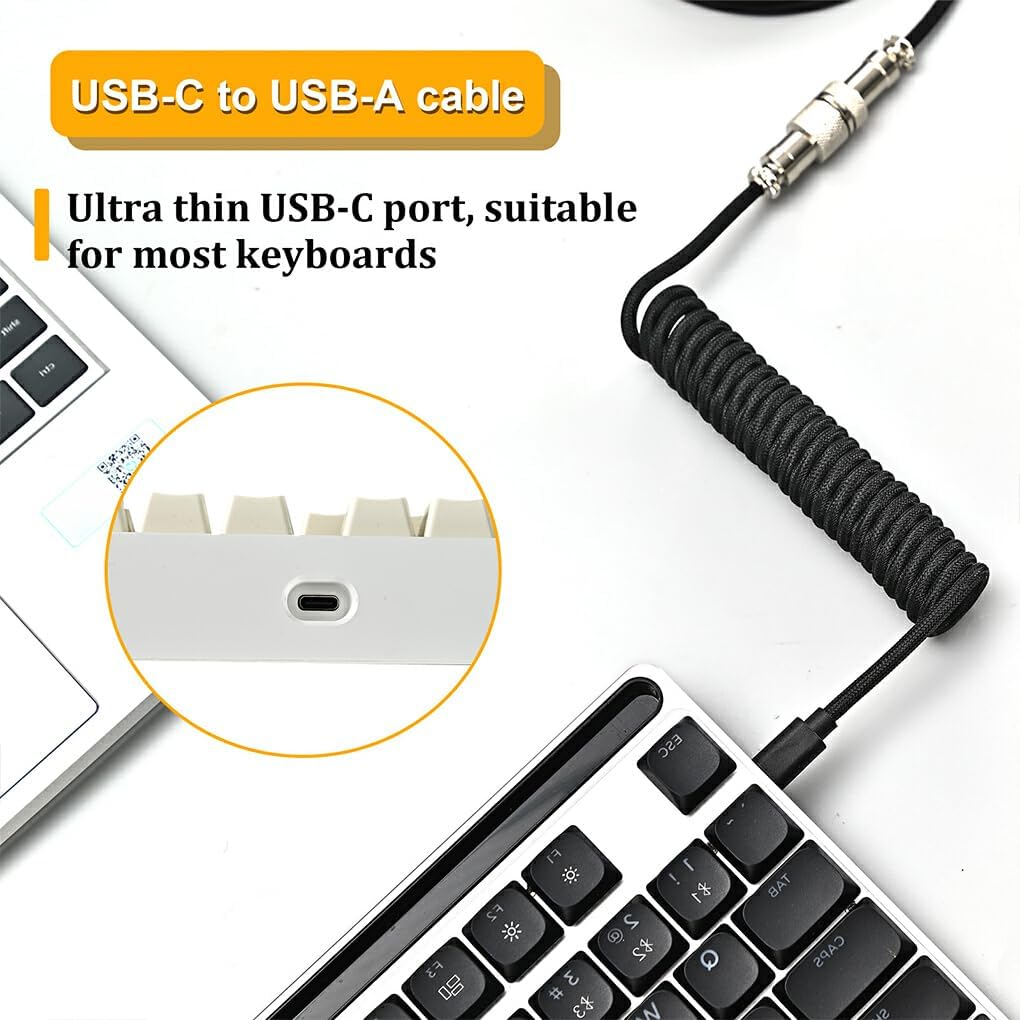 IOIUSKKU Coiled USB Cable for Comfortable Movement and Scalable Interface Mechanical Keyboard Coiled ABS Aviation Plug Data Cable, White