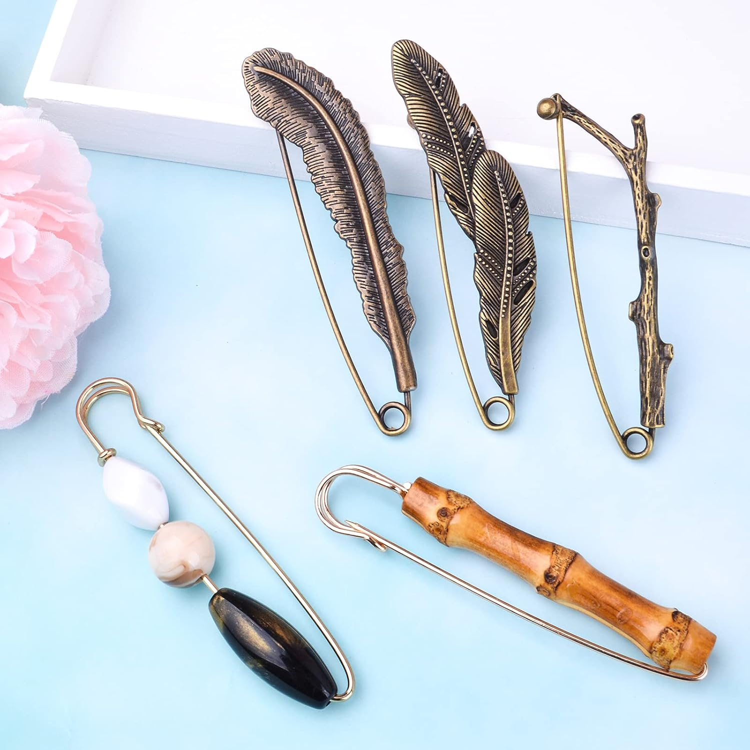 5Pcs Vintage Chic Brooch Extra Large Safety Pins Heavy Duty Safety Pins Accessories for Women Men Clothing Sweaters Shawls Collars Scarf Blankets Crafts, 5 Styles, Large, Metal image number 4