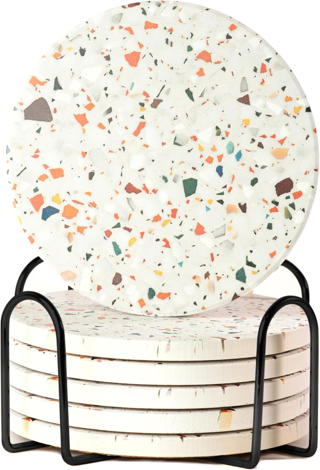 Terrazzo Marble Absorbent Coasters with Holder - Set of 6, Drink Coasters for Coffee Table