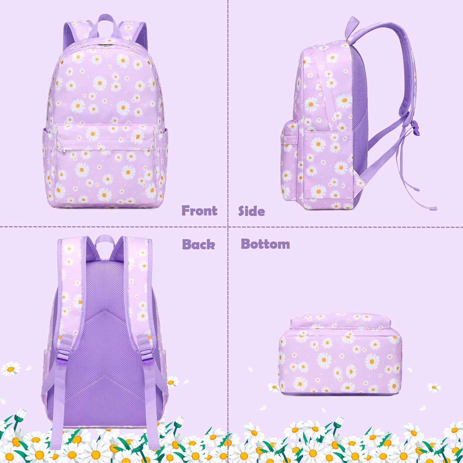 School Backpack for Girls, Lightweight Girls School Bookbag for Preschool Kindergarten Elementary School - Daisy Black image number 6