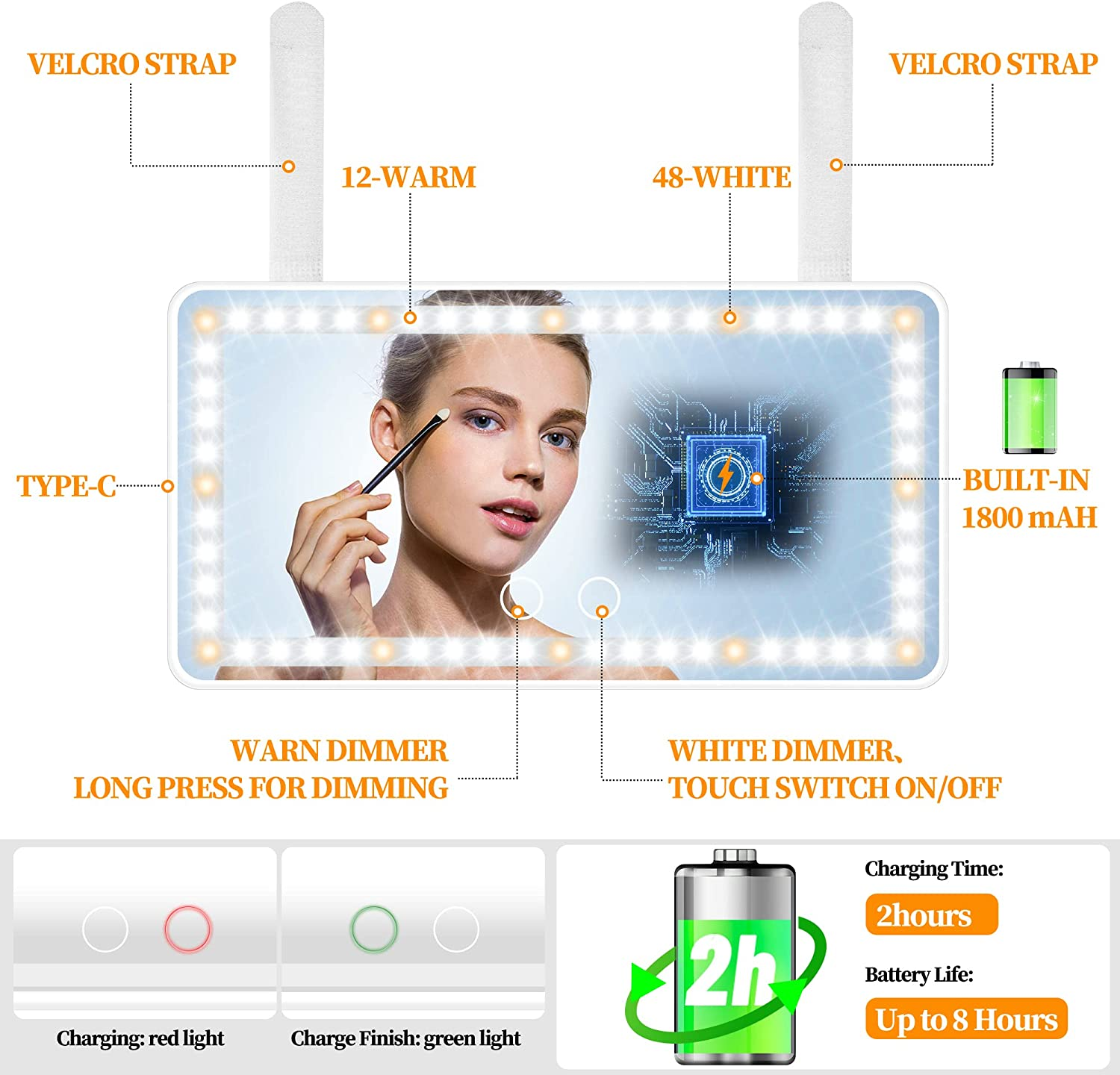 Car Sun Visor Vanity Mirror with Lights, 2 Pcs Rechargeable Car Makeup Mirror Accessories, Birthday Gifts for Women Girl, 3 Light Modes, Dimmable Touch Led Screen, Universal for Car Truck - 2Pack White image number 3