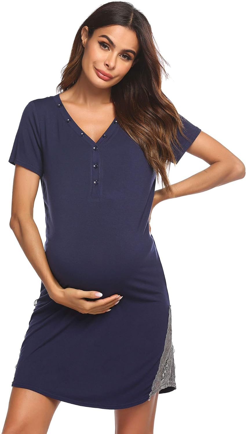 Ekouaer Nursing Nightgown Button down Maternity Hospital Gown for Breastfeeding Delivery Labor Nightgown with Lace Trim
