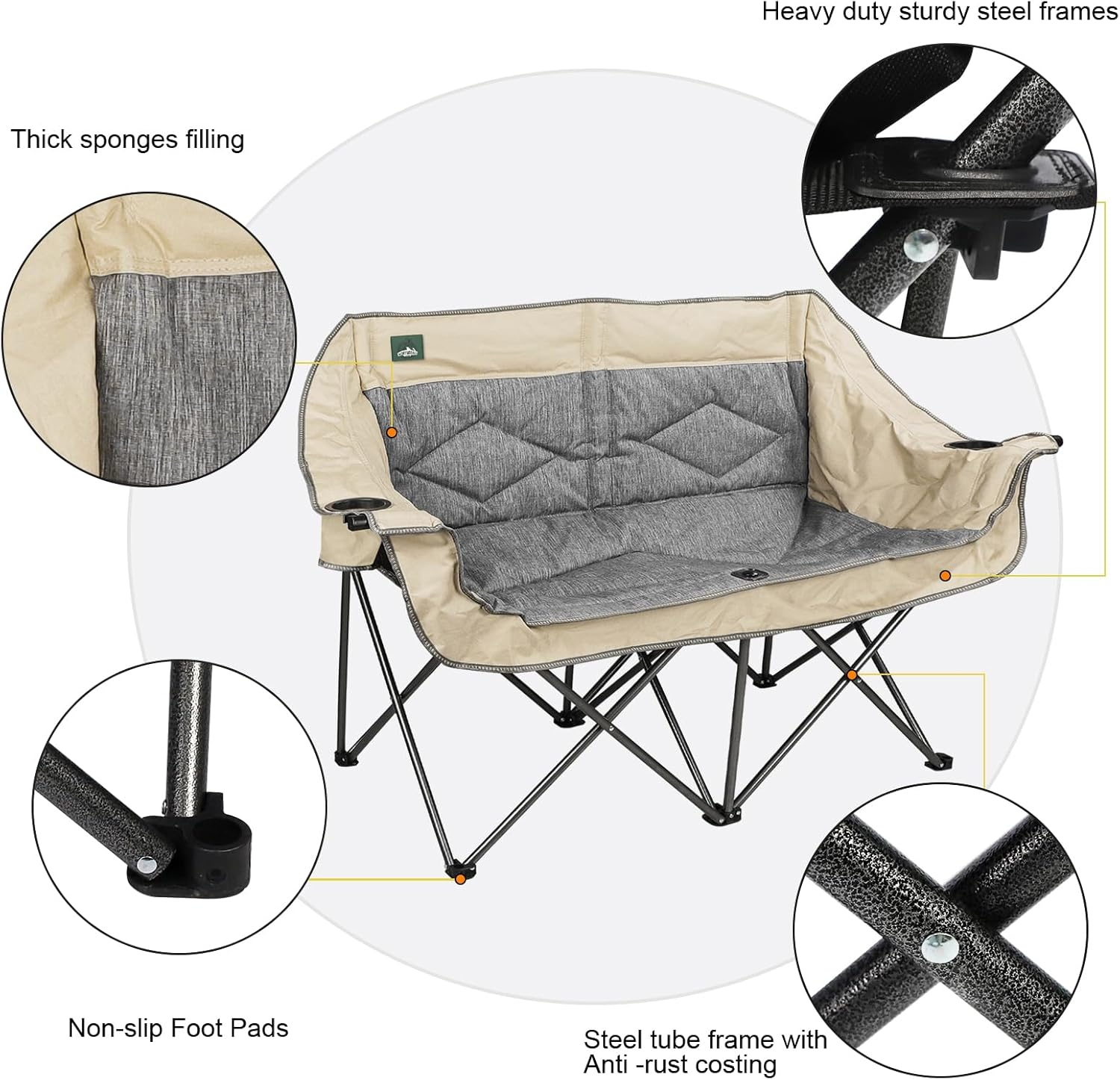 Northroad Folding Loveseat Camping Chair Portable Double Duo Full Padded Garden Chair for 2 Person Sofa W/ 2 Cup Holder,Wine Glass Holder,Mesh Storage,Support 600Lbs for Picnic Beach Travel (Beige) - Bluegrey image number 4