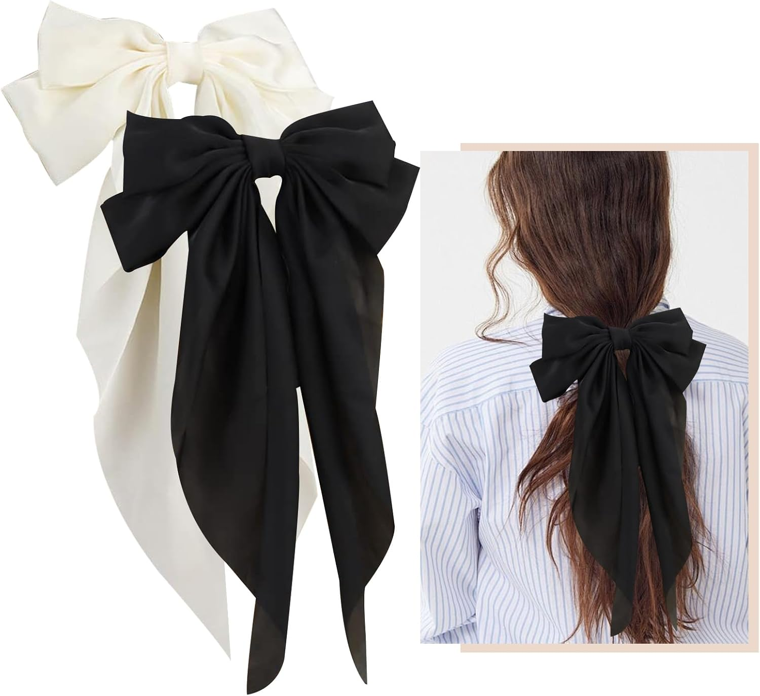 Aikeis Silky Satin Hair Bows Large Hair Bows for Women Oversized Hair Bows Long Tail Hair Bow (Black/White) image number 1