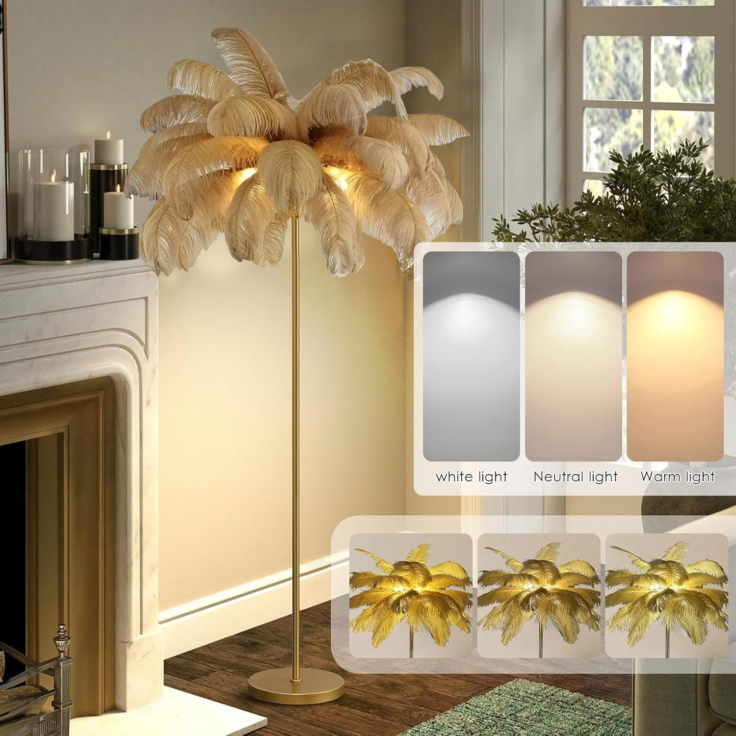 Anram Ostrich Feather Floor Lamp,Feather Standing Lamp Dimmable G4-LED Bulb Golden Lamp Body for Living Room Bedroom 160Cm Tall Reading Light - Gray image number 6