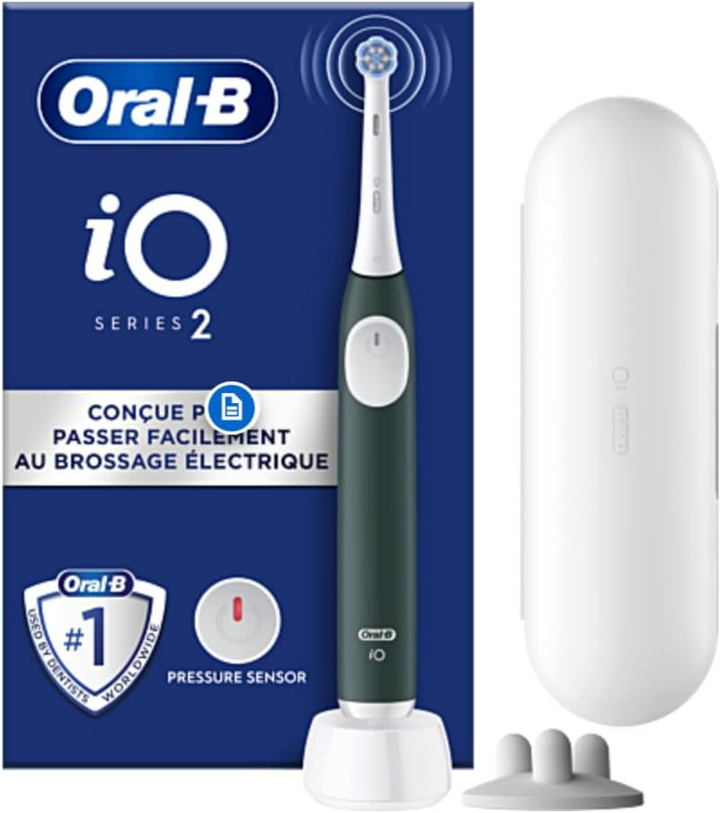 Oral-B Io Series 2 Electric Toothbrush, 1 Replacement Brush, 3 Cleaning Modes for Dental Care, Magnetic Technology, Travel Case, Toothbrush Holder, Designed by Braun, Forest Green