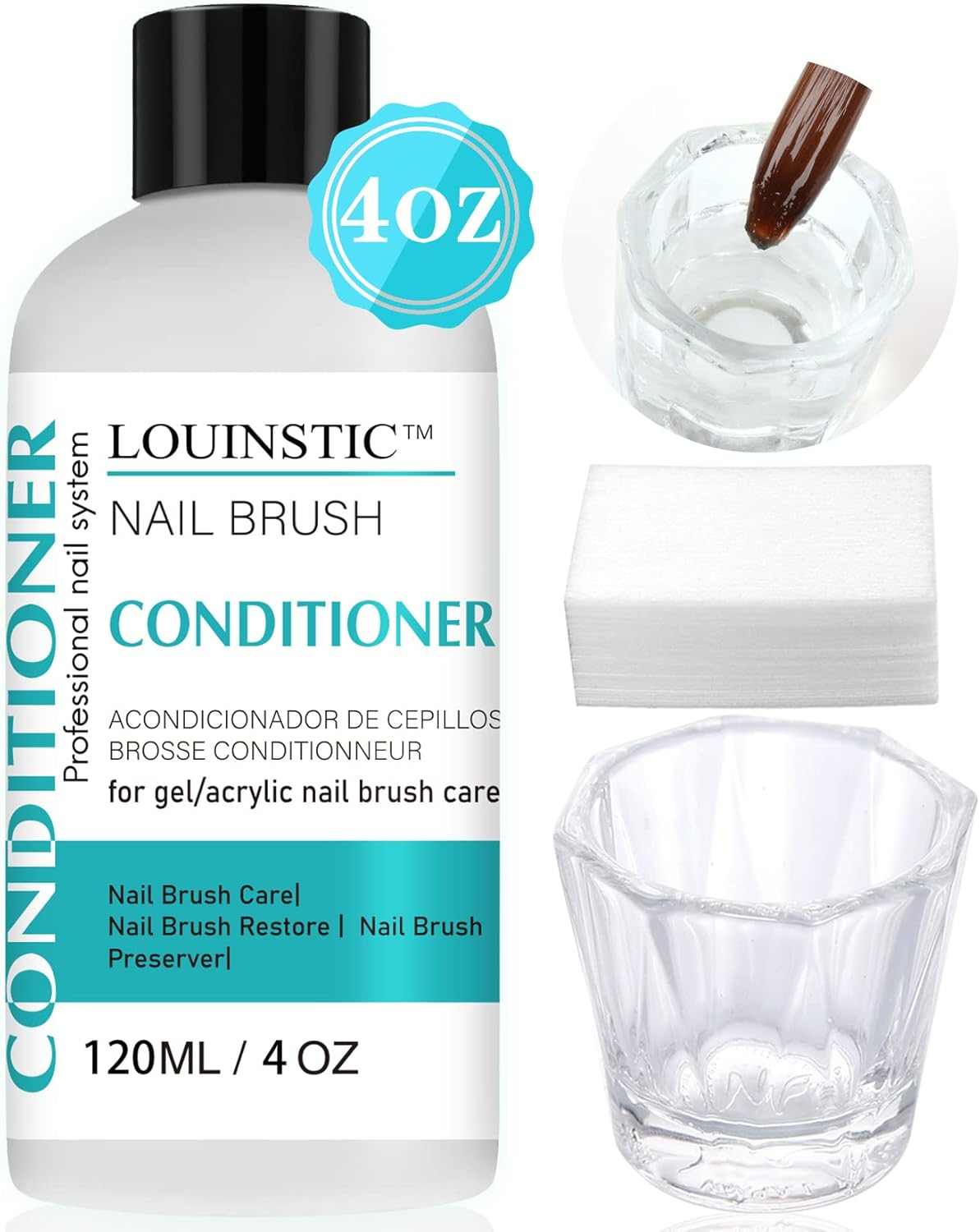 LOUINSTIC Acrylic Nail Brush Cleaner - Quickly Clean Gel/Acrylic Nail Brushes, Paint Brushes, Airbrushes, Art Tools, Nail Brush Cleaner Conditioner Preserver and Restorer 4 OZ