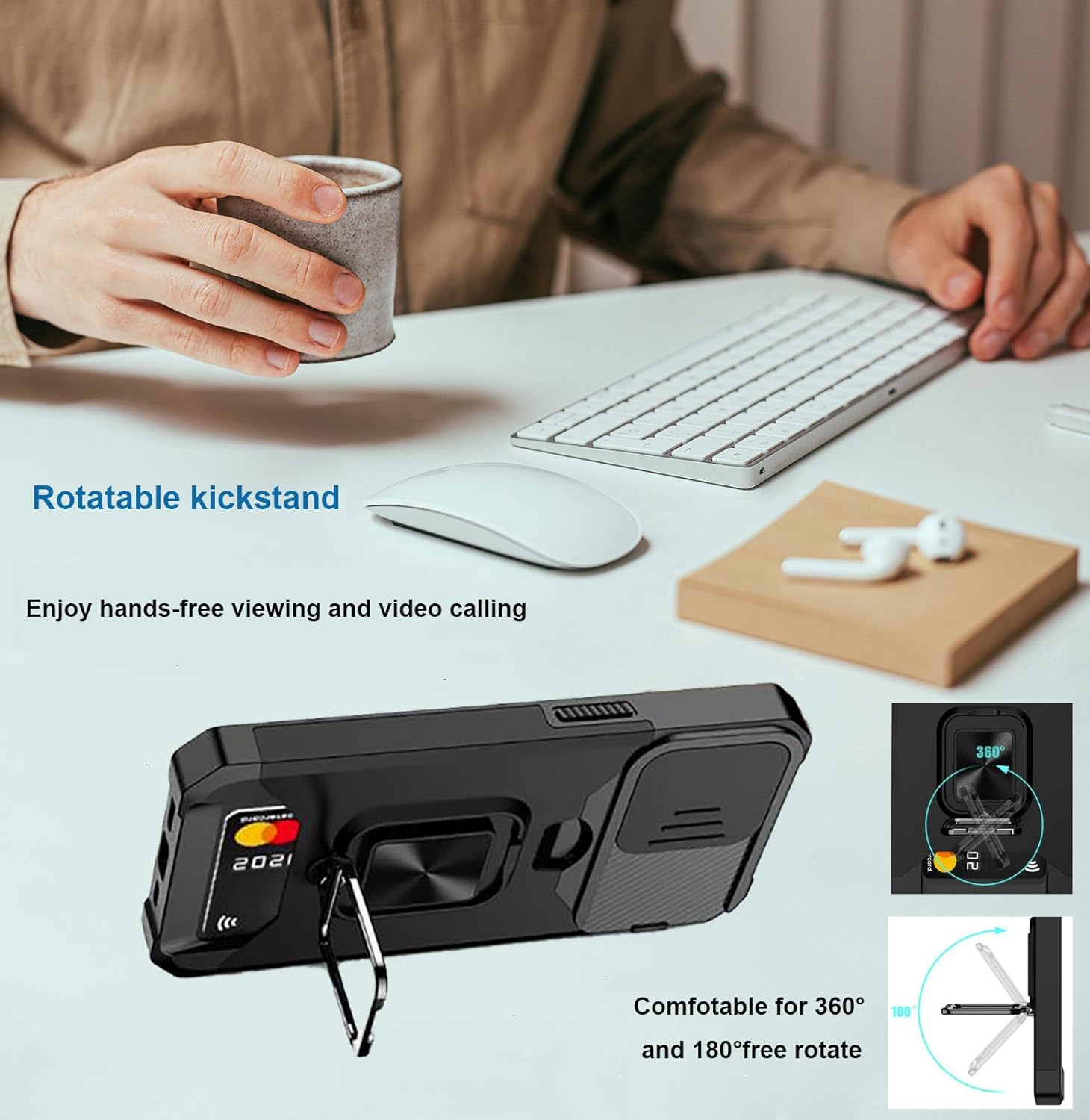 For Iphone 13 Mini Case with [Card Holder] and [Slide Camera Cover][360&deg; Rotate Ring Kickstand] Heavy Duty Protective Phone Cover Case for Iphone 13 Mini-Black image number 1