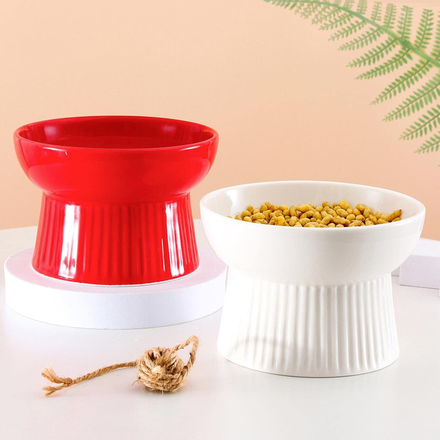 Ceramic Pet Bowl Neck Guard Cute Dog Bowl Cartoon Tall Cat Bowl Striped Ceramic for Flat Faced Cats,Small Dogs,Protects Pets Spine-Small,White image number 2