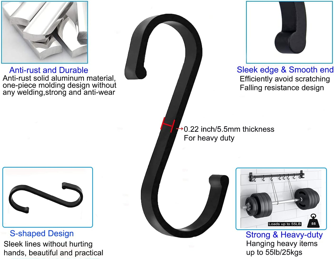 Gavia S Hooks, Pack of 10 S-Shaped Hooks Heavy Duty Metal Hooks Kitchen Hooks for Hanging Hooks for Kitchen, Bathroom, Bedroom, Garden, Office, Shop (Matte Black) image number 5
