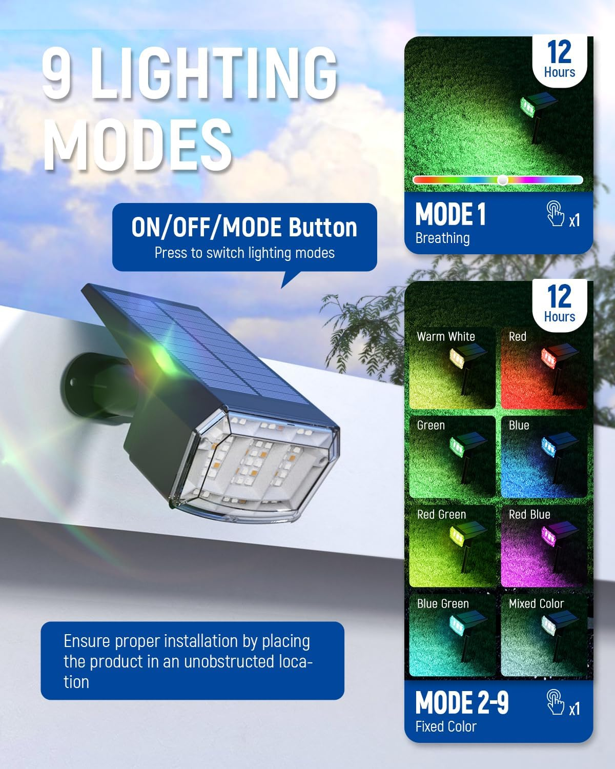 Solar Spot Lights Outdoor, 9 Lighting Modes RGB, Solar Lights Outdoor Waterproof IP65, 63 LED Landscape Spotlights for Holiday Decorations image number 2