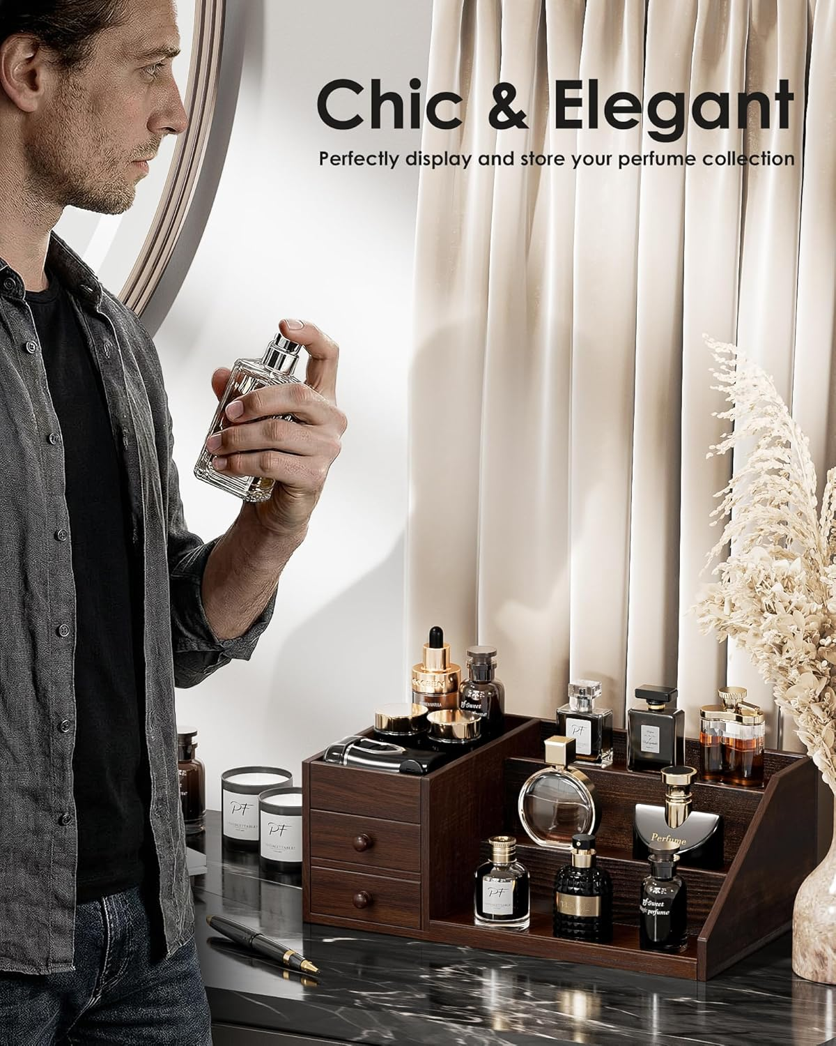 Procase Wood Men&rsquo;S Cologne Organizer with Drawers, 3 Tiers Perfume Elevated Storage Display Shelf Stand Countertop Riser for Cologne Skin Care Hidden Compartment for Father Men -Brown