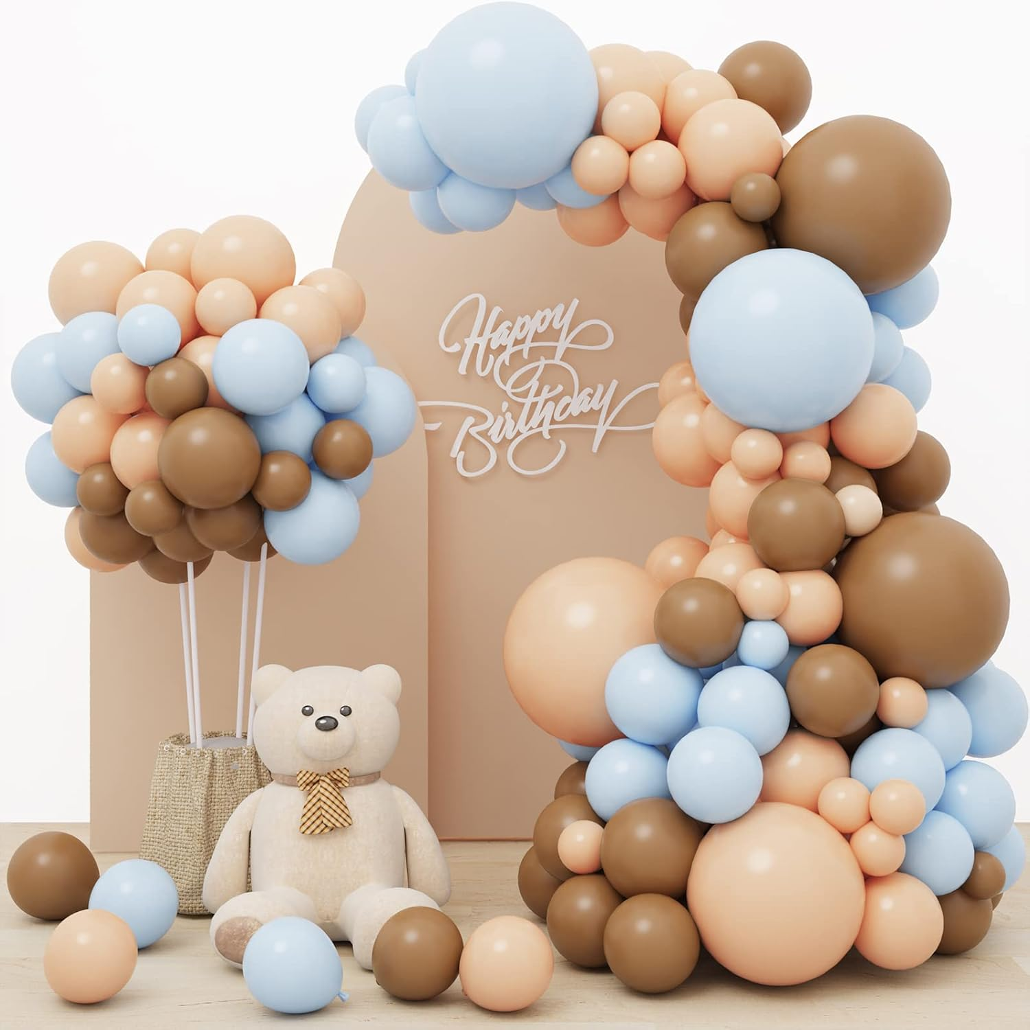 RUBFAC 156Pcs Brown Coffee Blue Balloon Garland Arch Kit with Boho Brown Nude Blue Balloons for Teddy Bear Baby Shower, Gender Reveal and Birthday Party Decoration