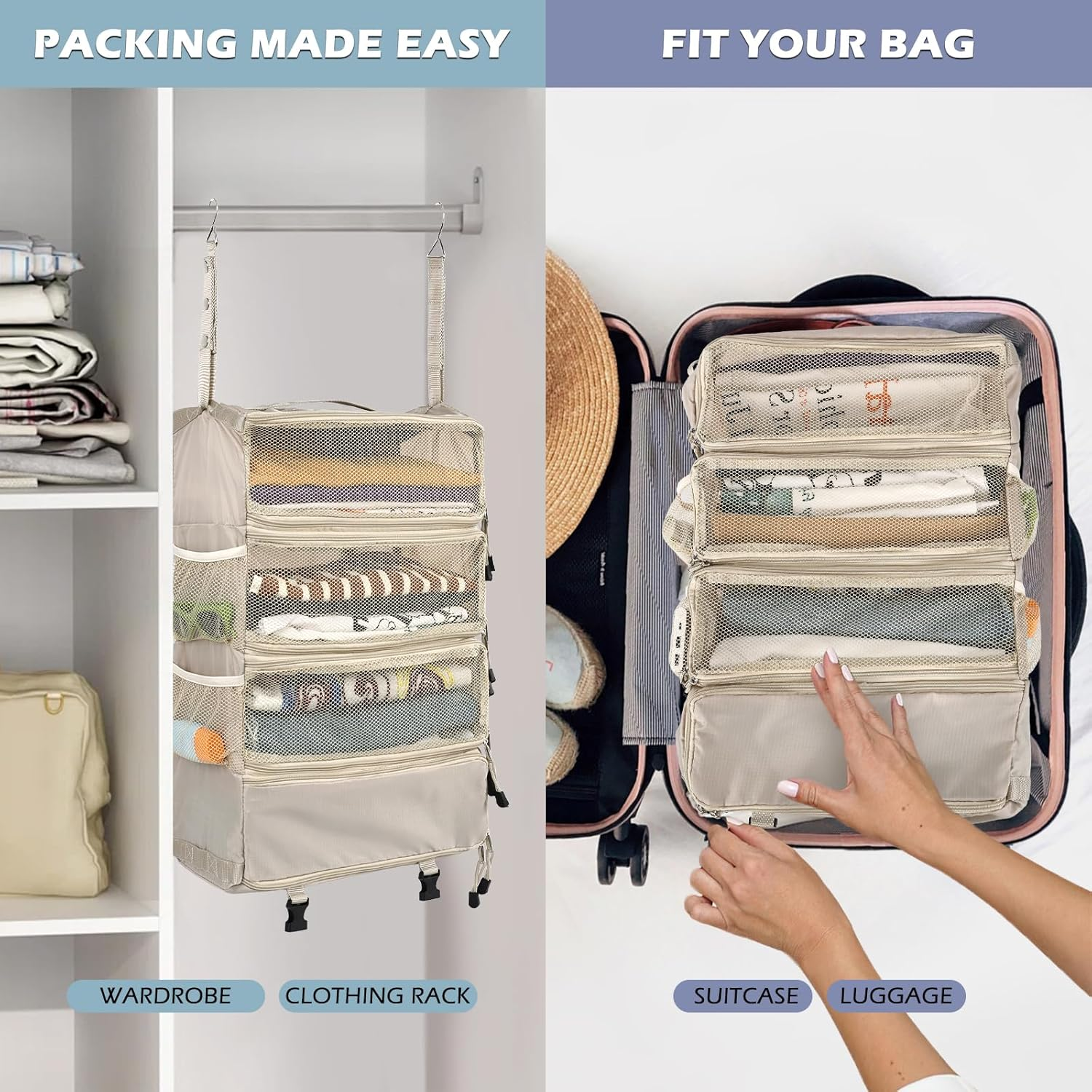 Surblue Travel Hanging Luggage Organizer Portable Suitcase Closet Organizer Multiple Compartments Collapsible Compression Packing Cubes Shelf, Beige,M image number 2