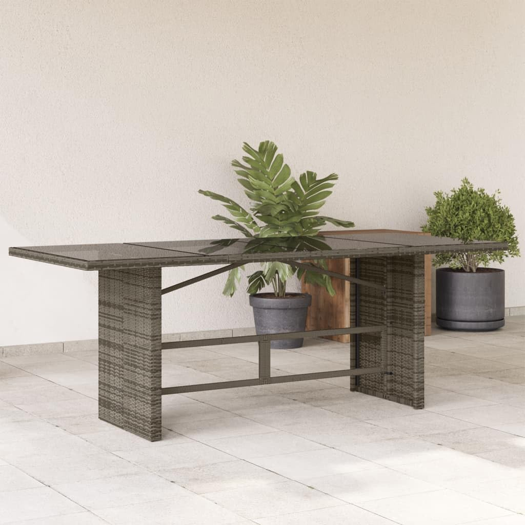 Vidaxl Rectangular Grey Poly Rattan Garden Table - Tempered Glass Top, Powder-Coated Steel Frame, UV-, Outdoor Patio Dining - 190X80X74Cm - Black image number 2