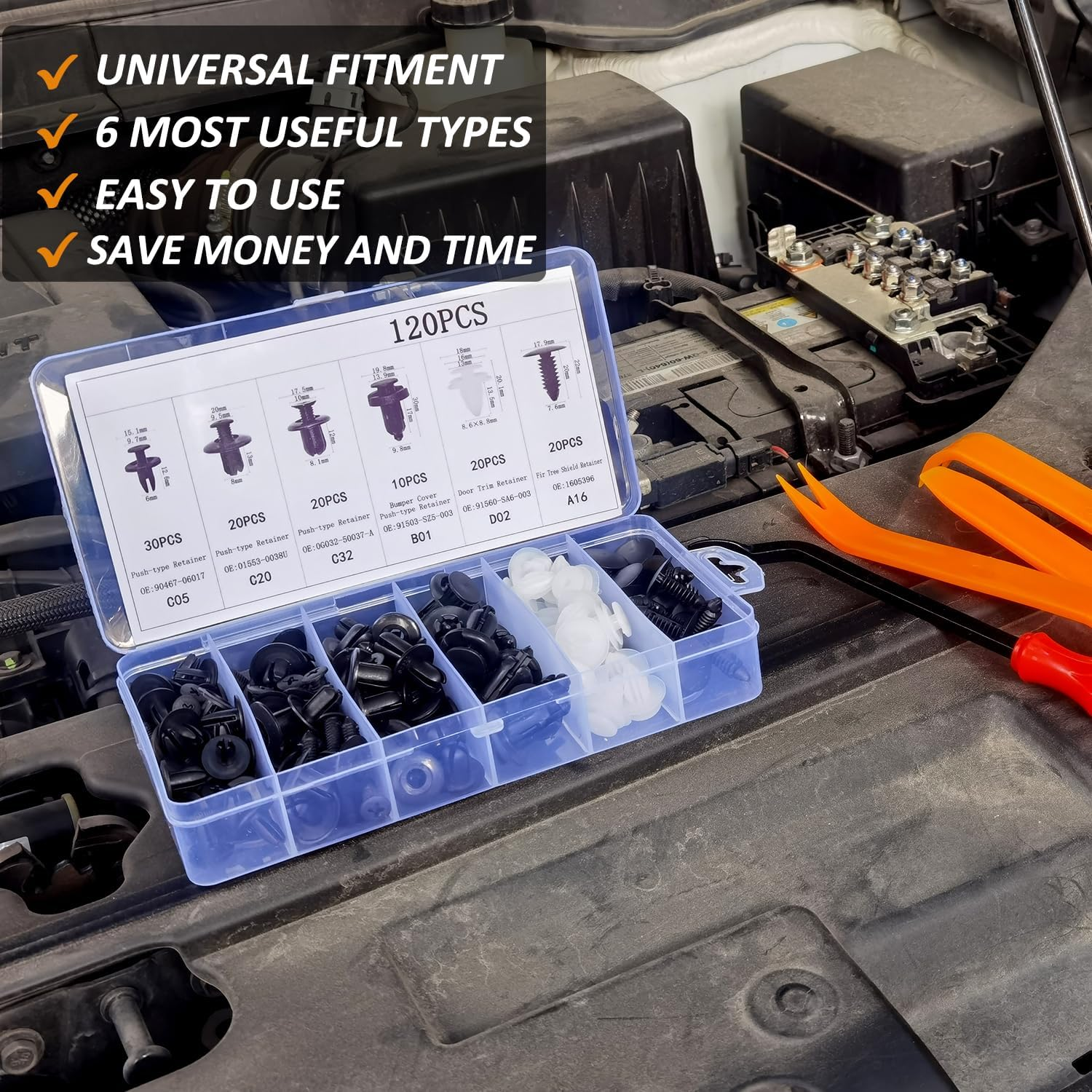 125-Piece Universal Car Fastener Kit - Push Retainer Clips Set (6-9.8Mm) with Removal Tool for Bumper, Fender, Door Trim image number 3