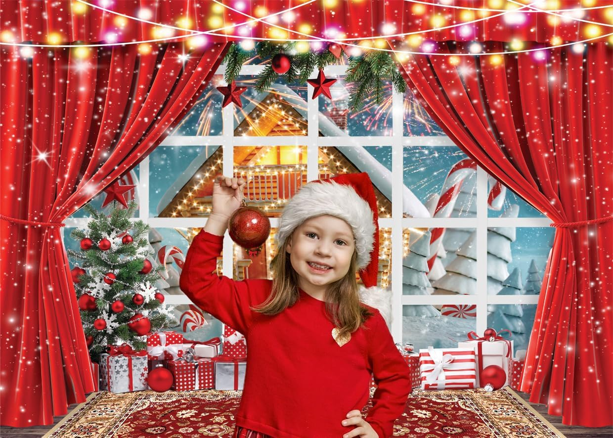 LYCGS 7X5Ft Christmas Backdrop Winter Christmas Window Photography Background Xmas Party Backdrop Xmas Tree Snow Fireworks Cartoon Christmas Photo Backdrops X-166 image number 4