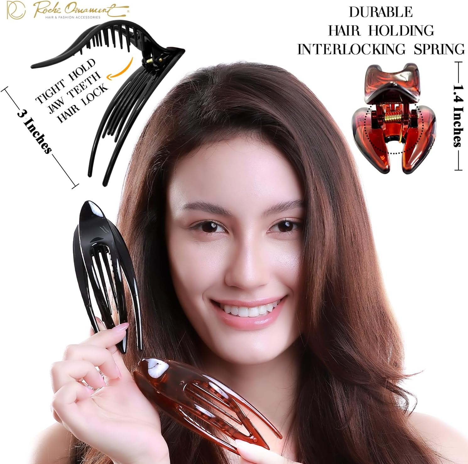 RC ROCHE 2 Pcs Flat Hair Clips Big Claw for Thick Hair French Duckbill Women No Slip Side Slide Curved Alligator Concord Strong Grip Hold Volume Lay down Clamp, Medium Black & Brown