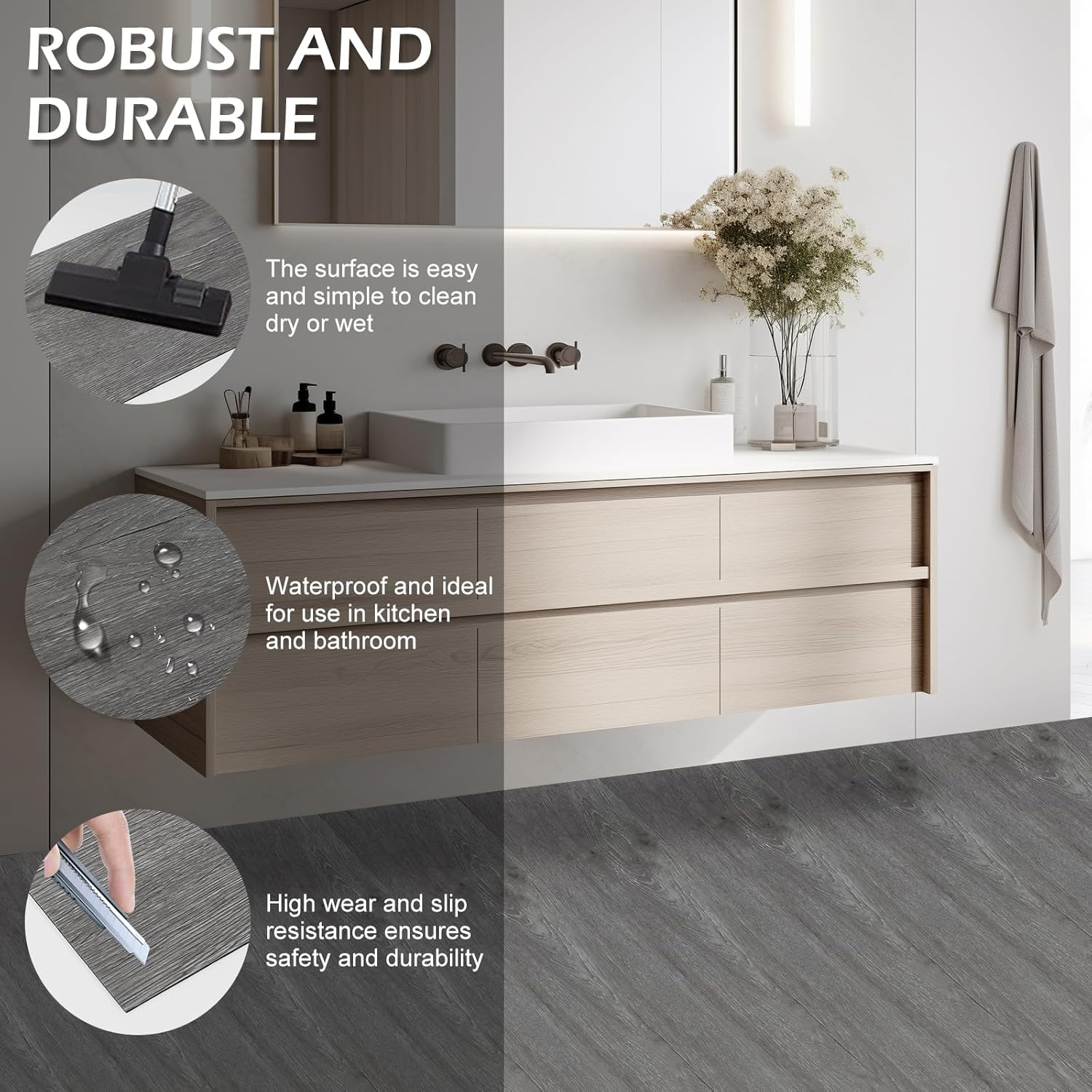 Wood Grain Floor Tiles, 15PCS 91 X 15Cm Waterproof Peel and Stick Vinyl Flooring, Flame Retardant Wear Resistant Floor Stickers for Home (Grey) image number 4