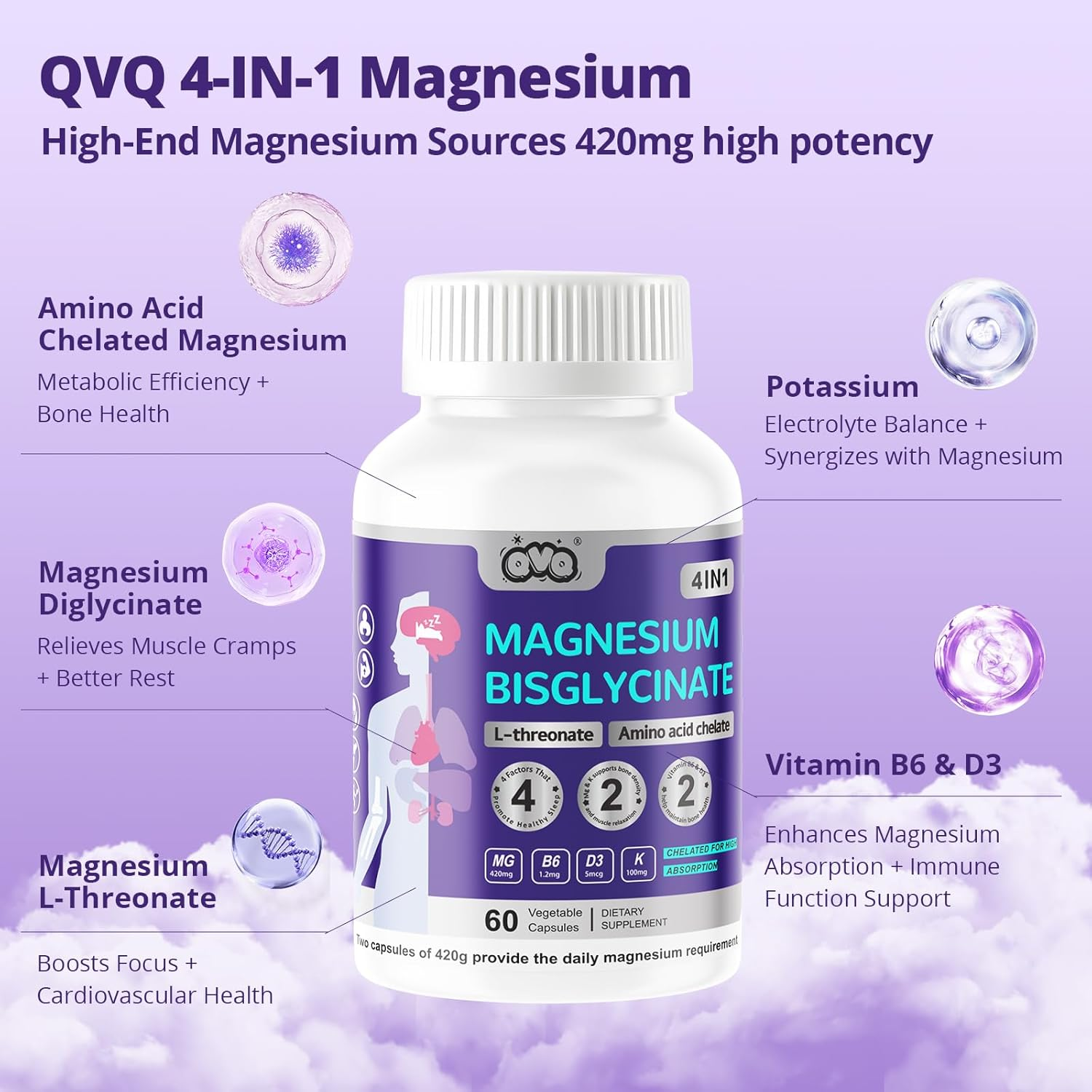 Magnesium Complex Capsules with Vitamin B6 D3 Aand Potassium Citrate, L-Threonate Amino Acid Bisglycinate Chelated 420Mg Magnesium Supplement(60)