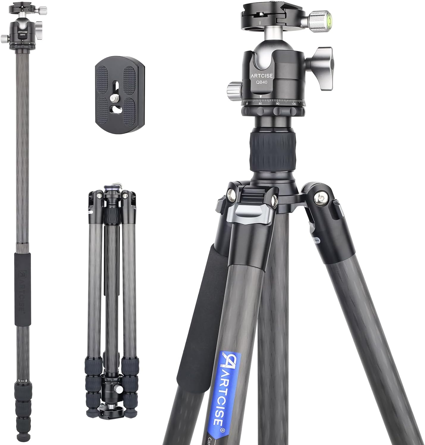 69.7" Carbon Fiber Camera Tripod with Low Profile Ball Head ARTCISE Professional Lightweight Compact Tripod with Two 1/4 Inch Quick Shoe Plate for DSLR Camera,Video Camcorder, Max Load 44Lbs/20Kg image number 6