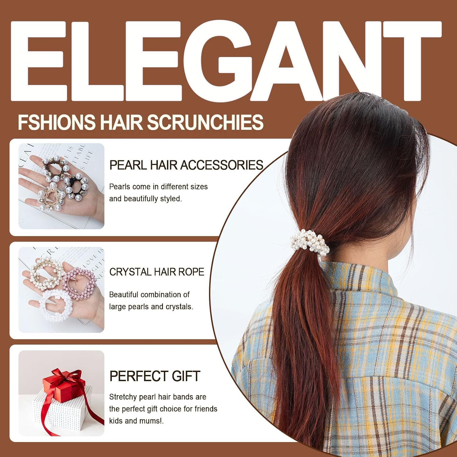 OT-NVWOZR Pack of 6 Women'S Hair Bobbles, Pearl Hair Accessories, Crystal Scrunchies, Elastic Ponytail Holder, Strong Hair Bands, Stretchy Headbands, Birthday for Women and Girls image number 1