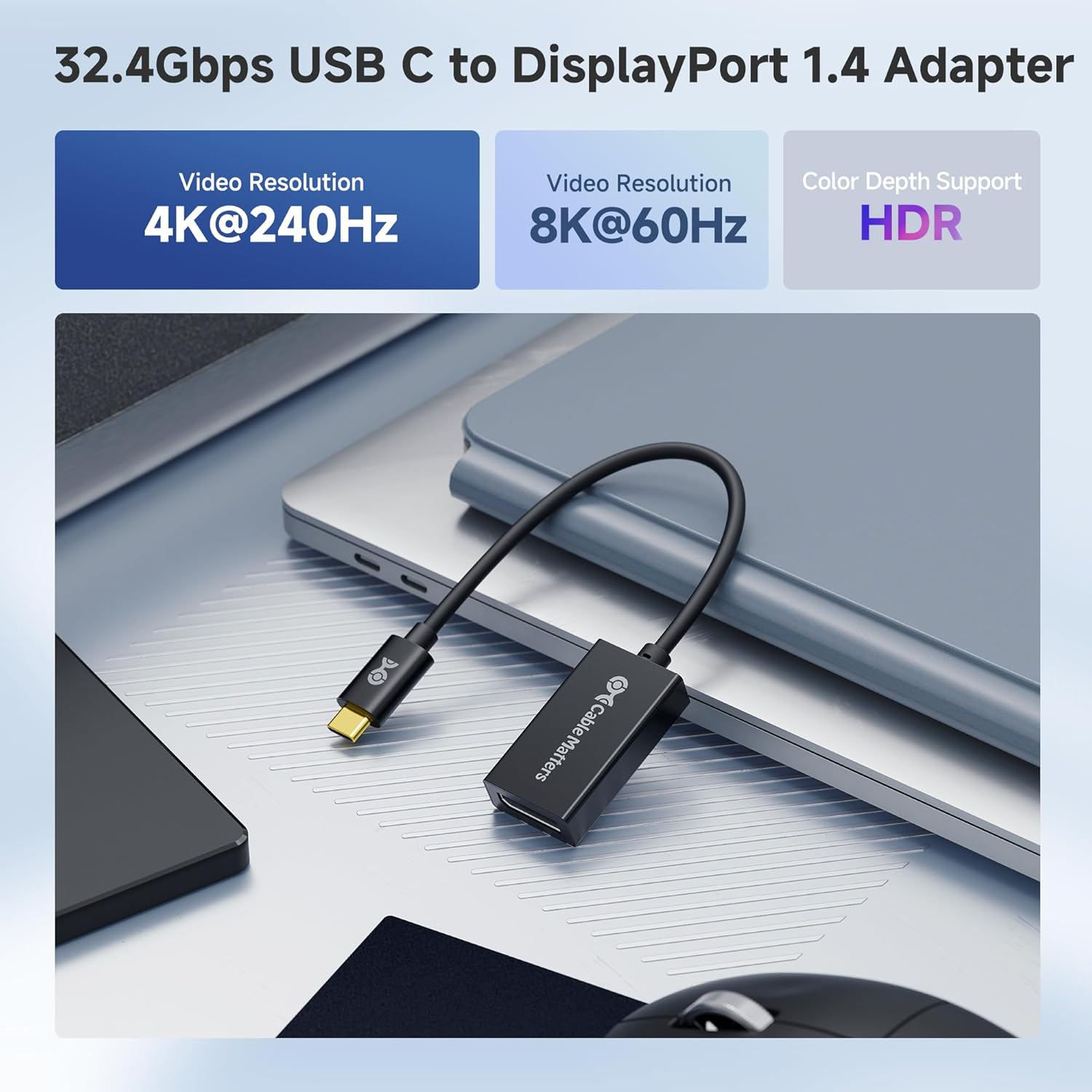 Cable Matters 32.4Gbps Unidirectional USB C to Displayport Adapter, Supports 8K@60Hz / 4K@240Hz HDR, USB C to DP 1.4 Adapter - Thunderbolt 4 / USB4 Compatible with Macbook Pro, XPS, Surface Pro image number 6
