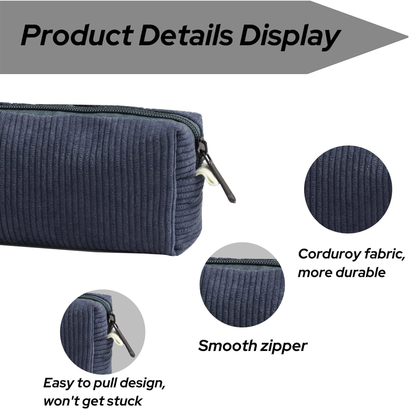 Corduroy Pouch, Large Capacity Storage Bag, Portable Pen Organizer for Kids, Office Stationery, Cute Makeup Pouch for Home, School, Office (Blue) - Blue image number 6