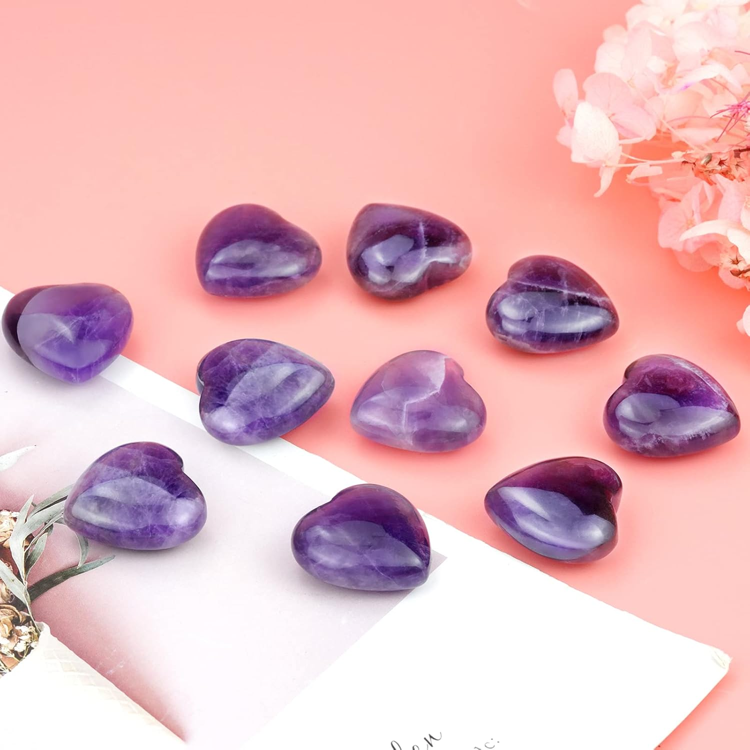 Marrywindix 10 Packs 1 Inch Healing Crystal Natural Amethyst Heart Love Carved Palm Worry Stone Chakra Reiki Balancing