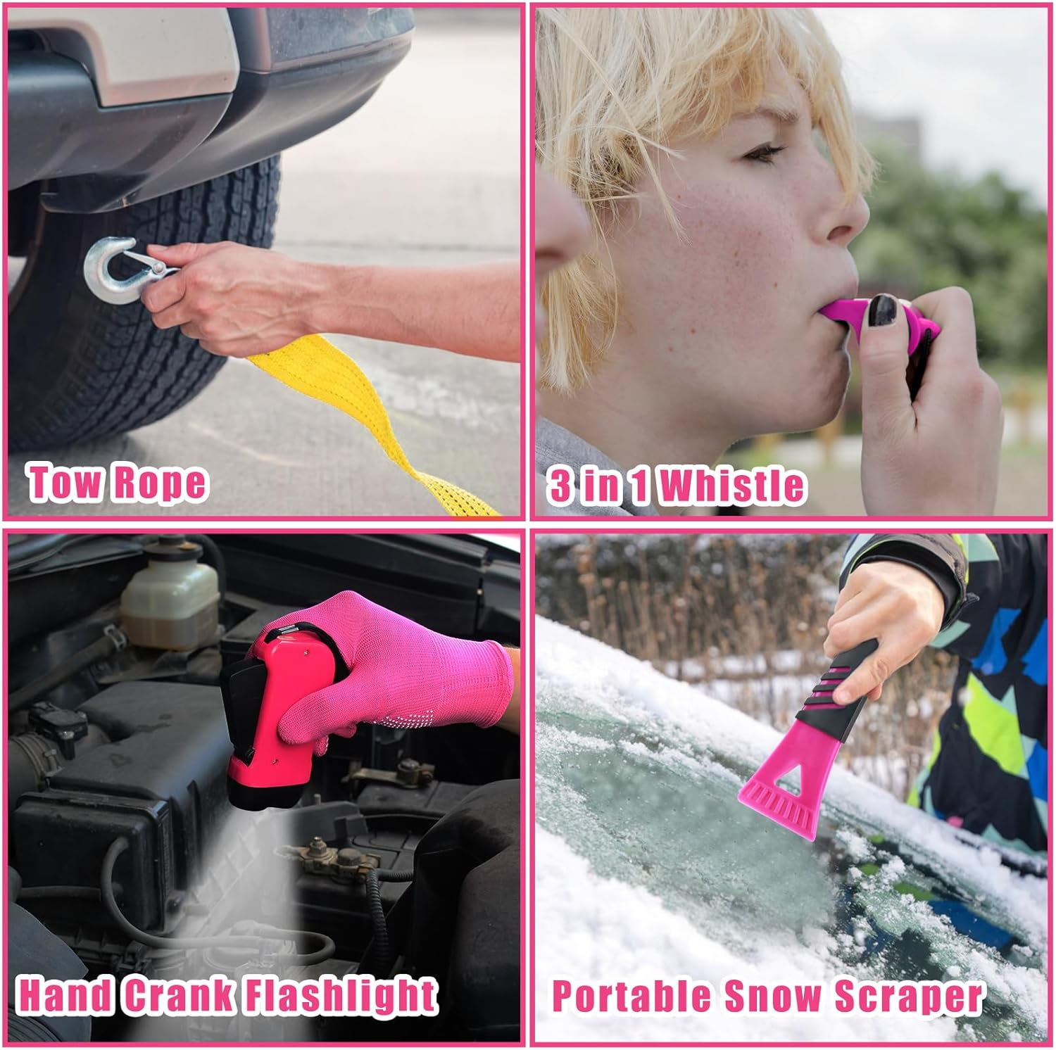 BHLUUIYER Car Emergency Kit, Pink Roadside Emergency Car Kit with Jumper Cables, Tow Rope, Safety Hammer, Pink Car Accessories for Women image number 6