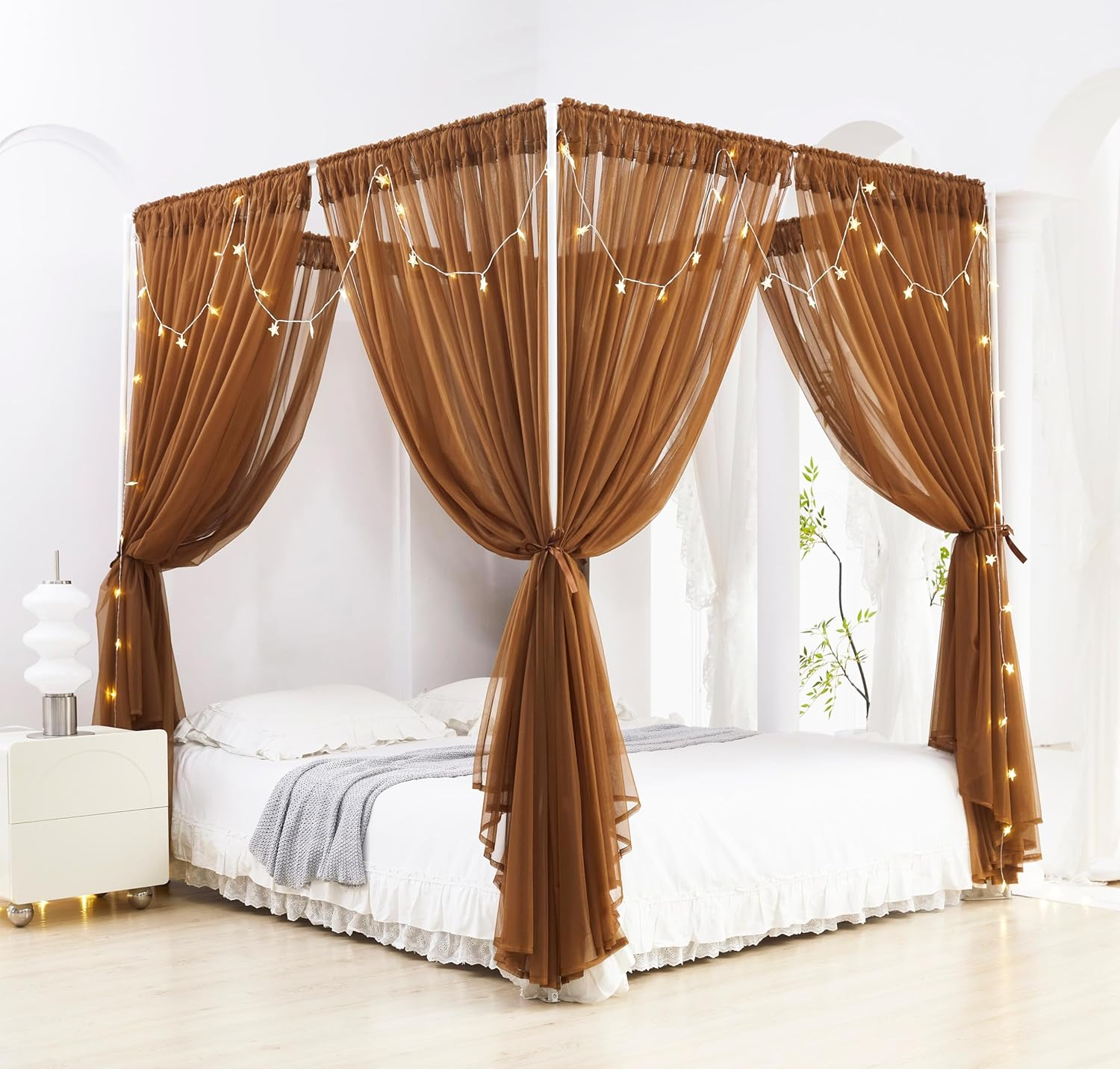Akiky Princess Canopy Bed Curtains Set Sheer Curtain for Twin Full Queen Size Bed Drapes,8 Panels Canopies with Light,Room D&eacute;cor(Twin, White)