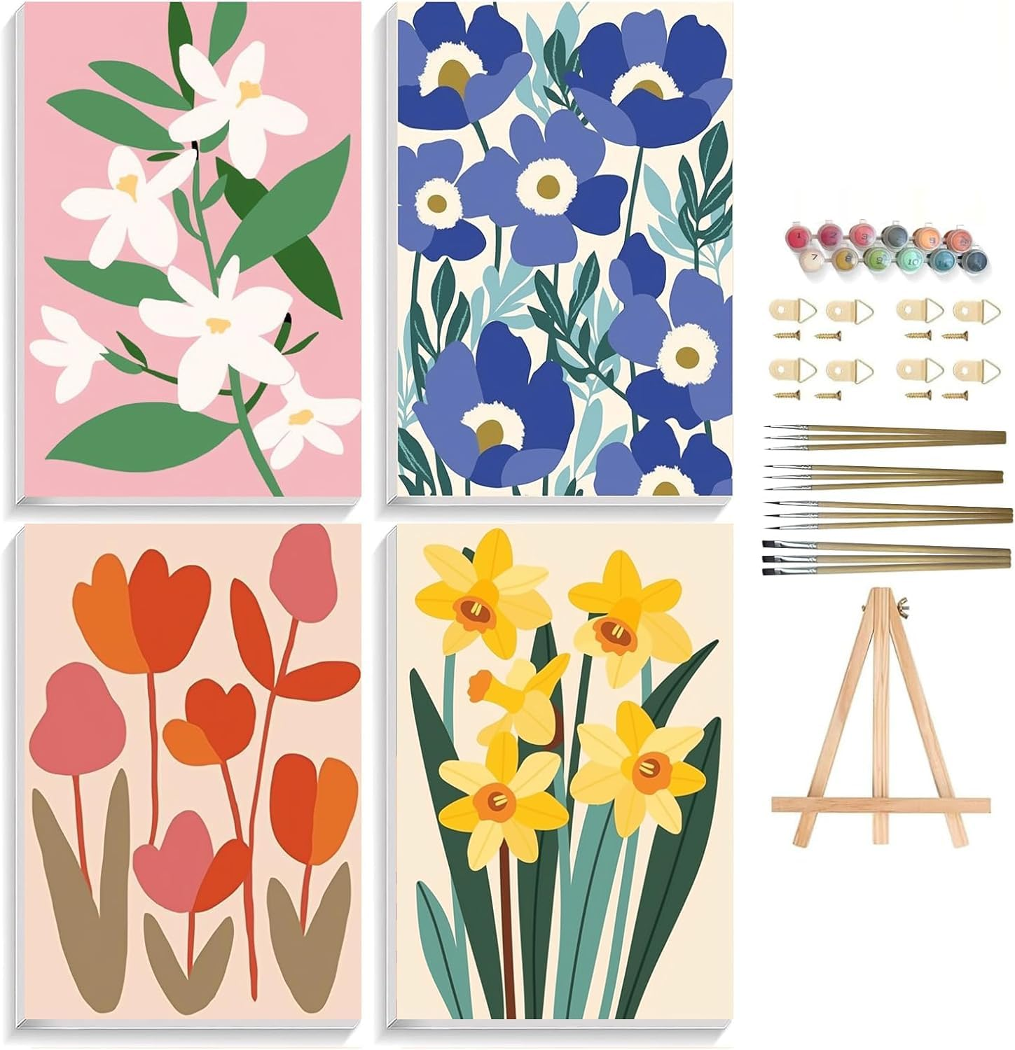4 Pack Paint by Numbers Kit for Adults with Framed, Simple Flowers Easy Paint by Number Kits on Canvas with Wooden Easel, Floral Painting by Numbers for Beginner Gift Home Decor 8X12 In image number 3
