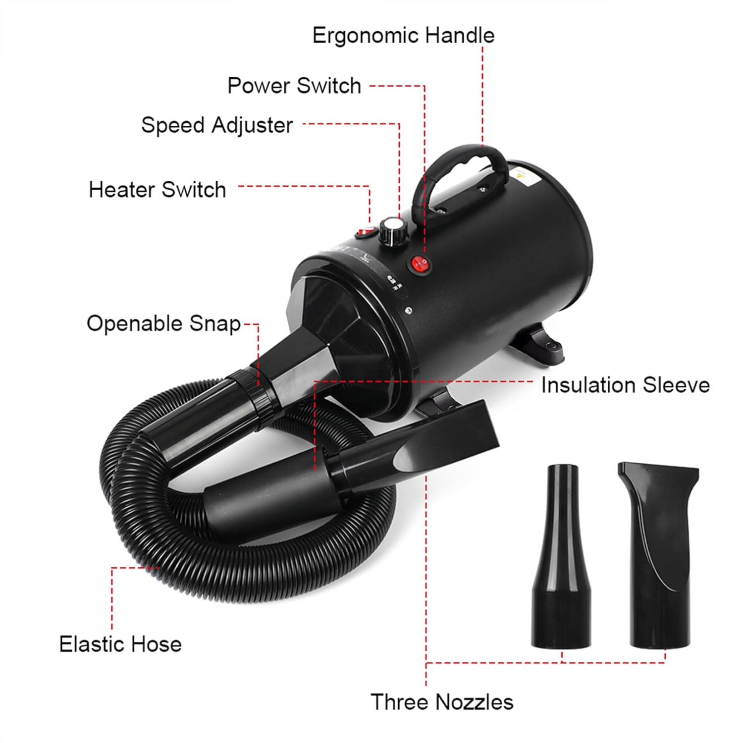 Memows Dog Hair Dryer, 2800 W Professional Blower Dog Dryer, Adjustable Speed and Heat, Pet Dryer, Dog Grooming Dryer with 4 Different Nozzles (Black) - Black image number 2