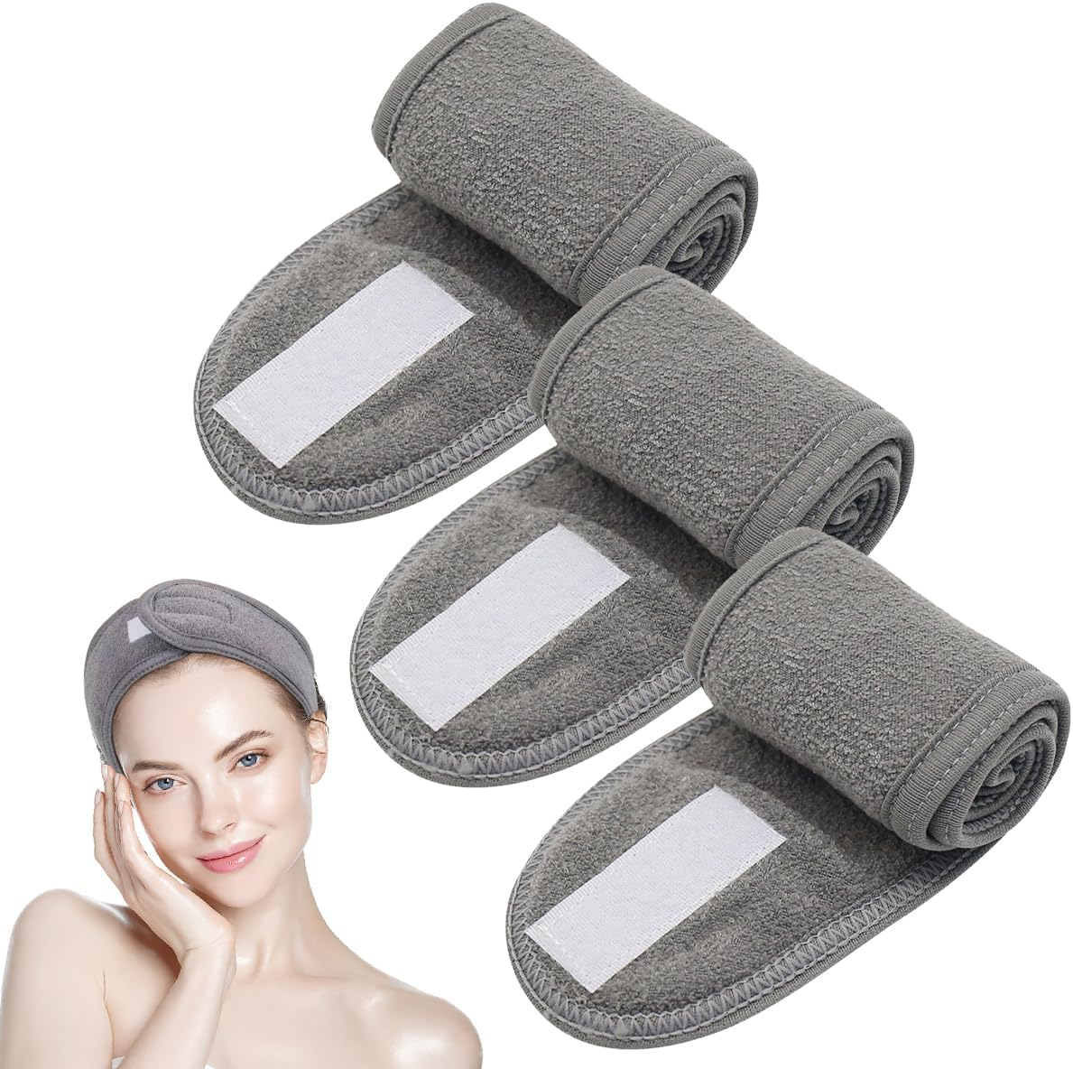 Pack of 3 Hair Bands for Make-Up, Cosmetic Headband, Terry Towelling, Spa Headband, Terry Towelling Hair Bands, Adjustable Hair Protection Band for Showers, Make up and Cosmetics (Grey) image number 2