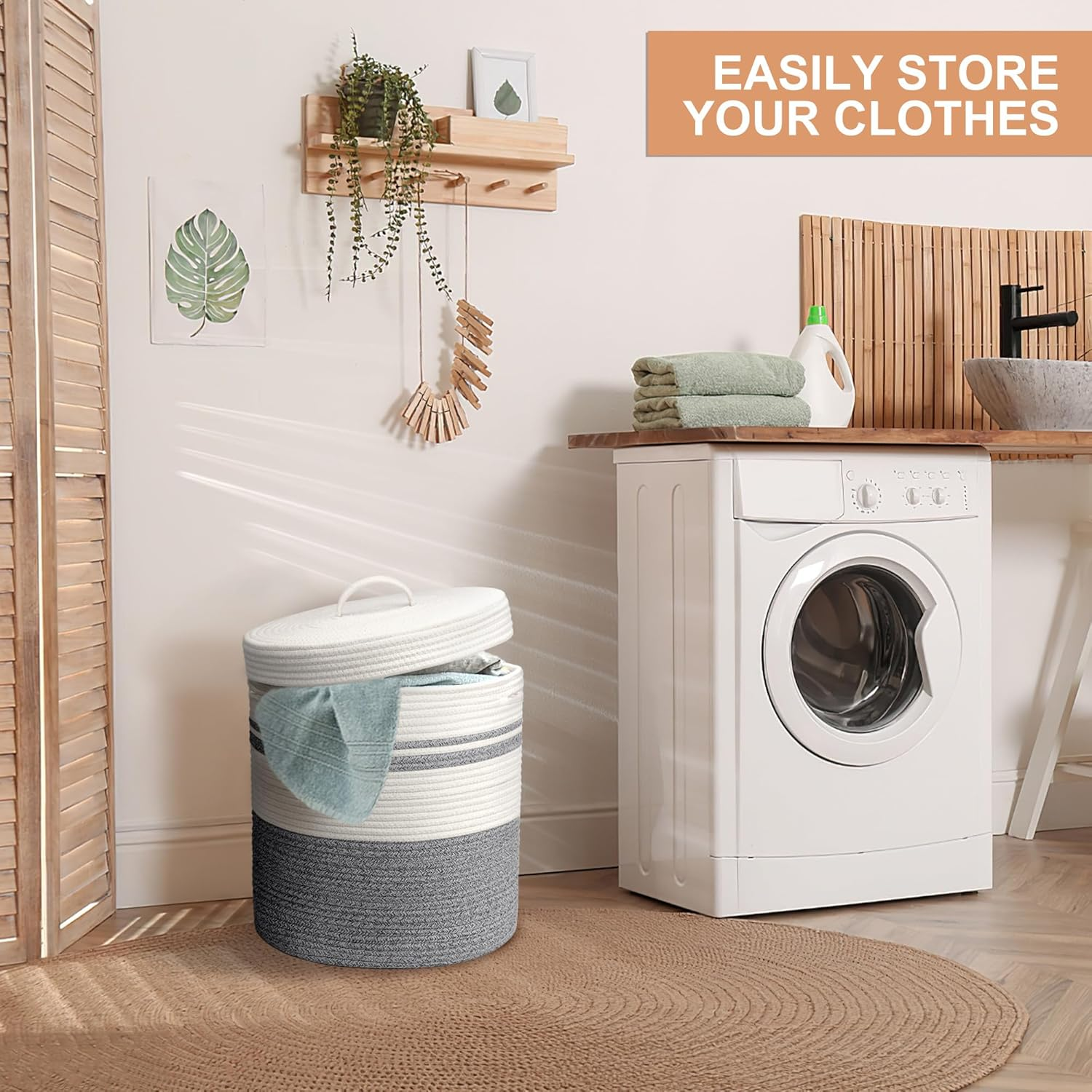 Foldable Laundry Basket Small with Lid, Laundry Hamper - Laundry Baskets, Baskets Braided Cotton Basket - Storage Basket Small Laundry Basket Children'S Room (Grey, 35 X 42 Cm)