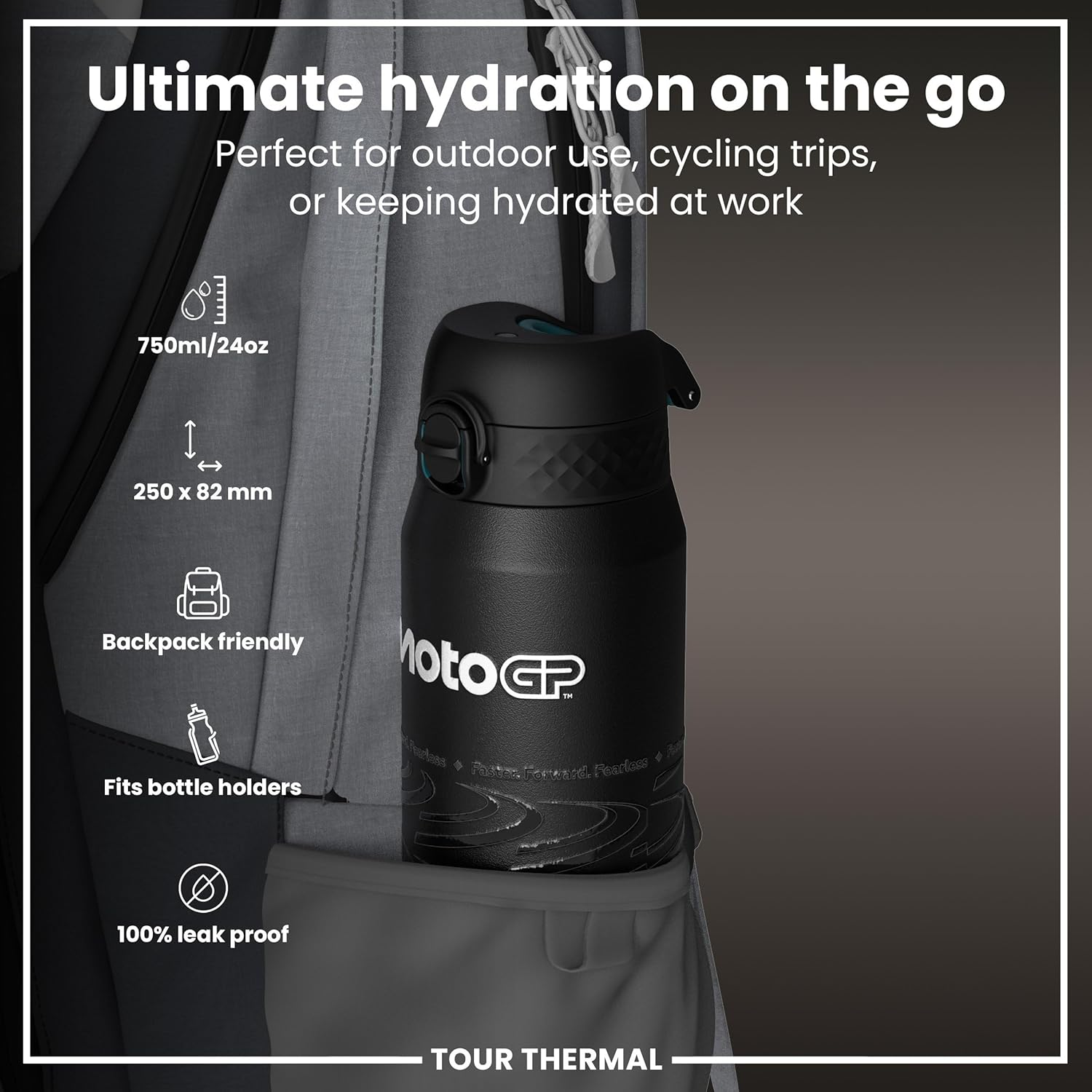 ION8 Thermal Water Bottle 750 Ml/24 Oz Leak-Proof & BPA Free Insulated Drinking Bottle, Triple Lock Lid to Prevent Spills, Vacuum Insulated Themoshield Stainless Steel, Carry Handle, Motogp Lean image number 3